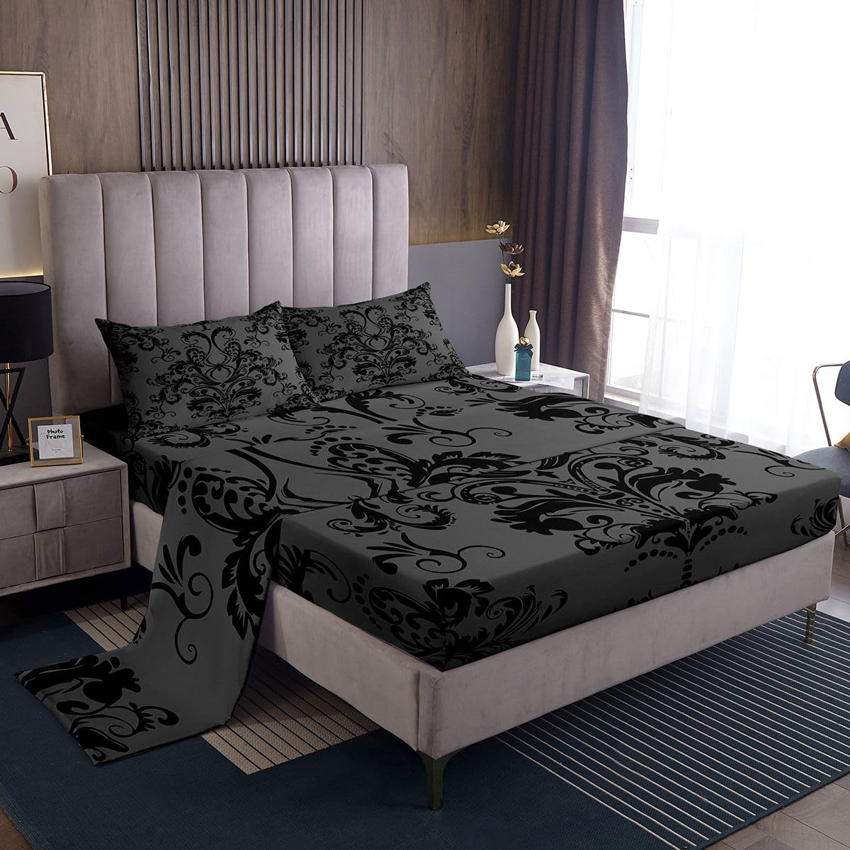 Homewish Szary adamaszek prześcieradła podwójny pająk gotycki zestaw pościeli vintage boho kwiatowy zestaw pościeli - antyczne wiktoriańskie dopasowane płaskie prześcieradła 4-częściowy wystrój pokoju