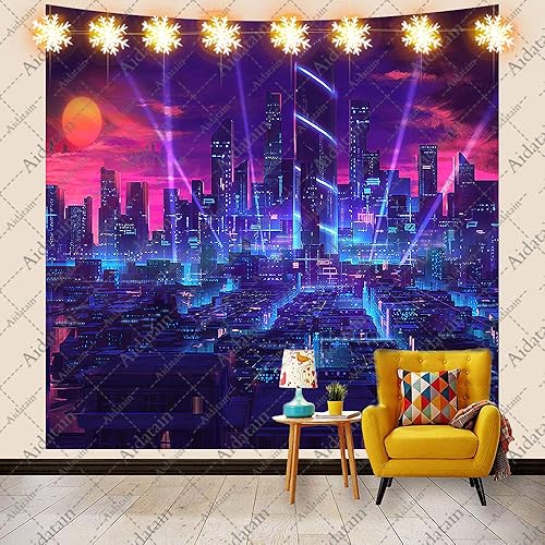 Miniatura 12 de Aidatain Tapiz punk de paisaje urbano, escena de juego de escena de calle neón, franela de anime japonés, tamaño grande de 80 x 60 pulgadas