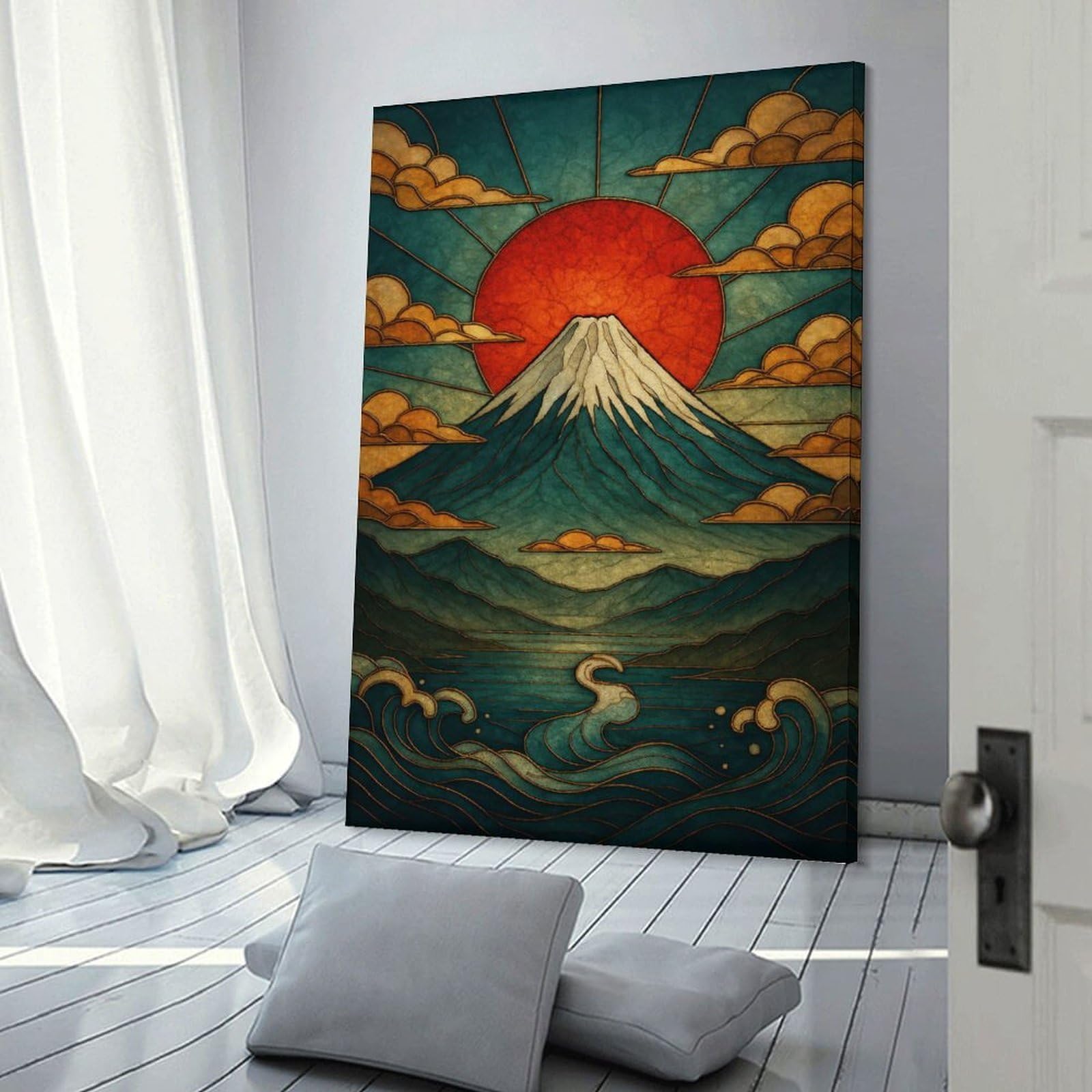Junmoney Mount Fuji Stained Glass Landscape Hanging Wall Art, 24x36inch(60x90cm), for Bedroom Decor, Cosy Corners Or Studios, An Easy Wall Refresh for Bedrooms