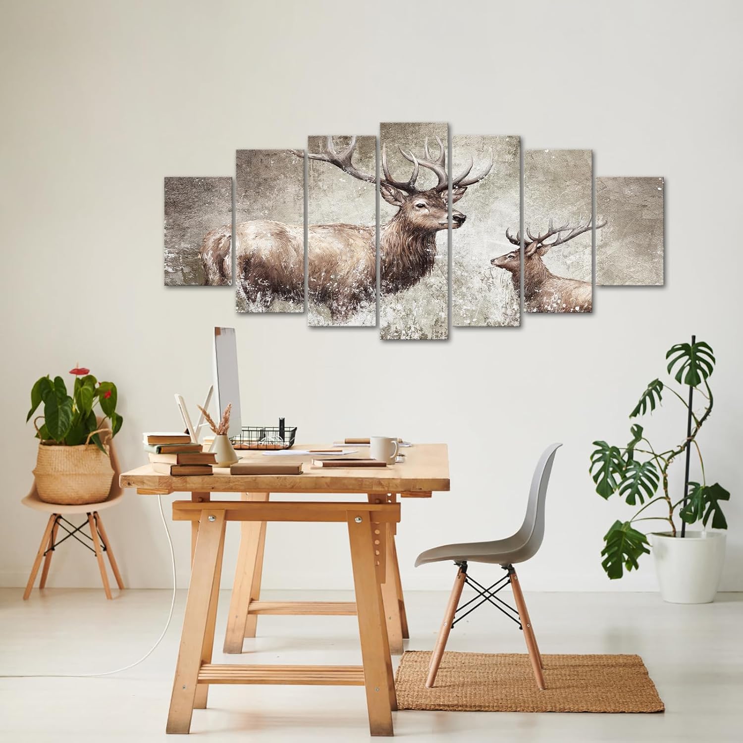 Nachic Wall Huge 7 Pieces Deer Painting Wall Art Vintage Elk Pictures Prints on Canvas Farmhouse Artwork Framed for Living Room Kitchen Decoration