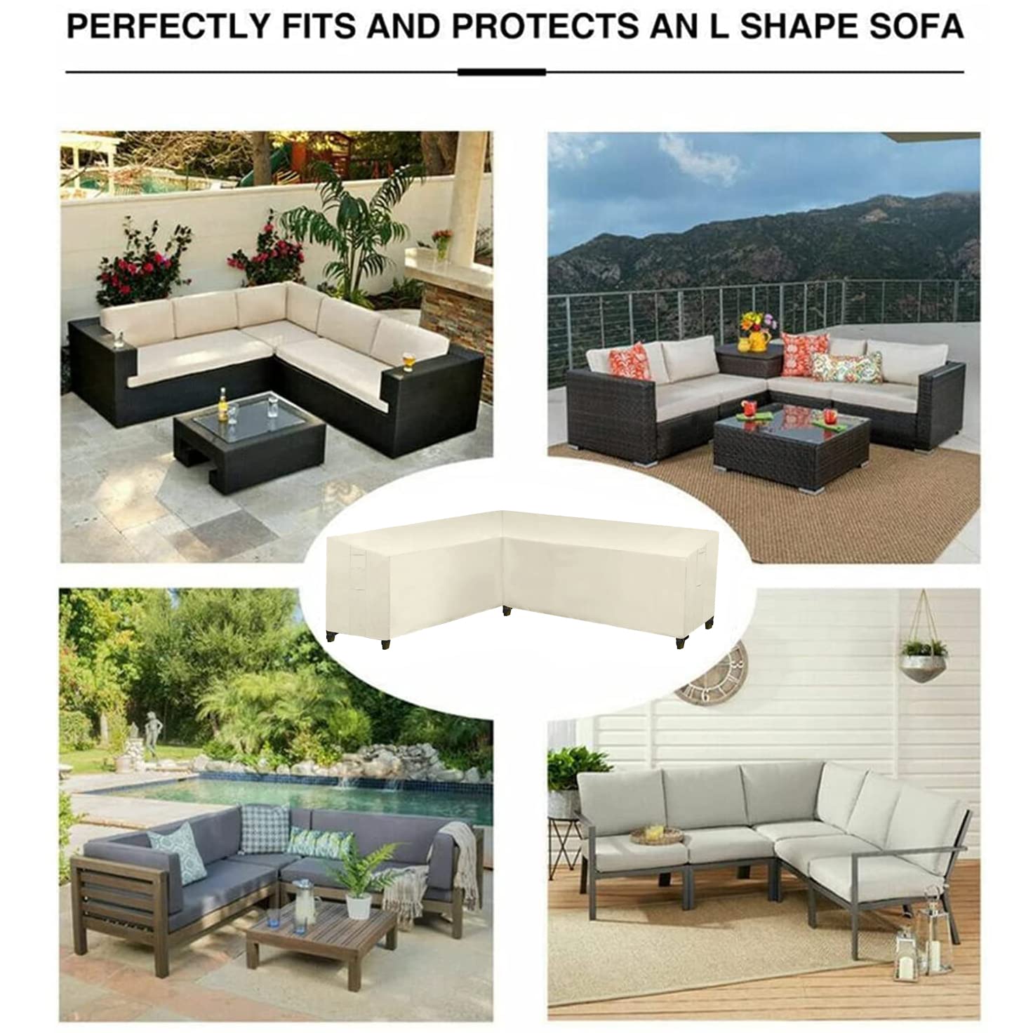 Funda para Muebles de Jardín, Cubierta Impermeable en Forma de L/V para Sofá de Esquina, Cubiertas Antipolvo para Uso en Exteriores (215x215x87x80cm,Beige)