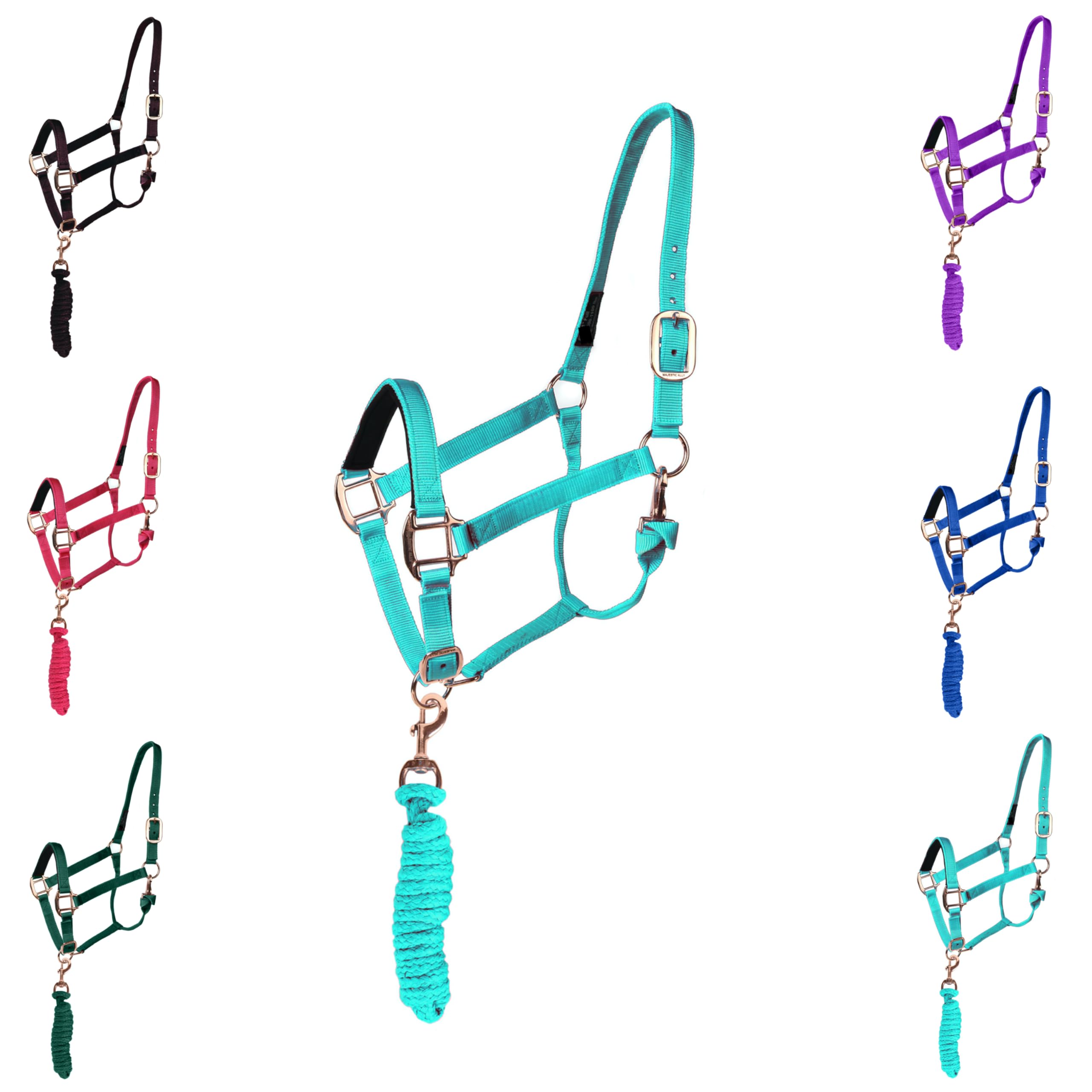 Majestic Ally Halter with Lead Rope for Horses–Adjustable Chin and Crown–Rolled Throat Latch with Replaceable Snap–Padded Noseband–Heavy Duty Rose Gold Finish Hardware–Full (Turquoise, Cob)