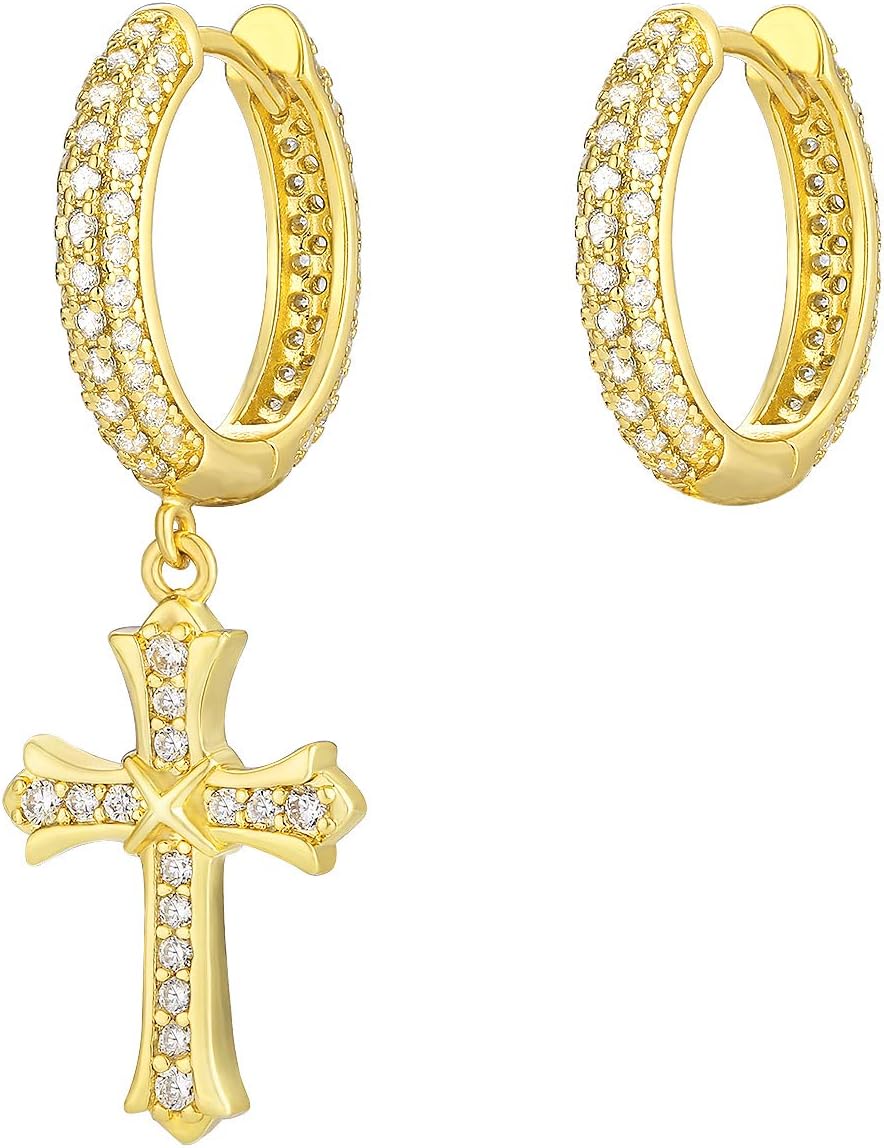KRKC&CO Dangle Cross Earrings for Men, Sterling Silver/Gold Plated Hoop Earrings, Cubic Zirconia, Hypoallergenic Jewelry, Birthday Gift for Him, Women
