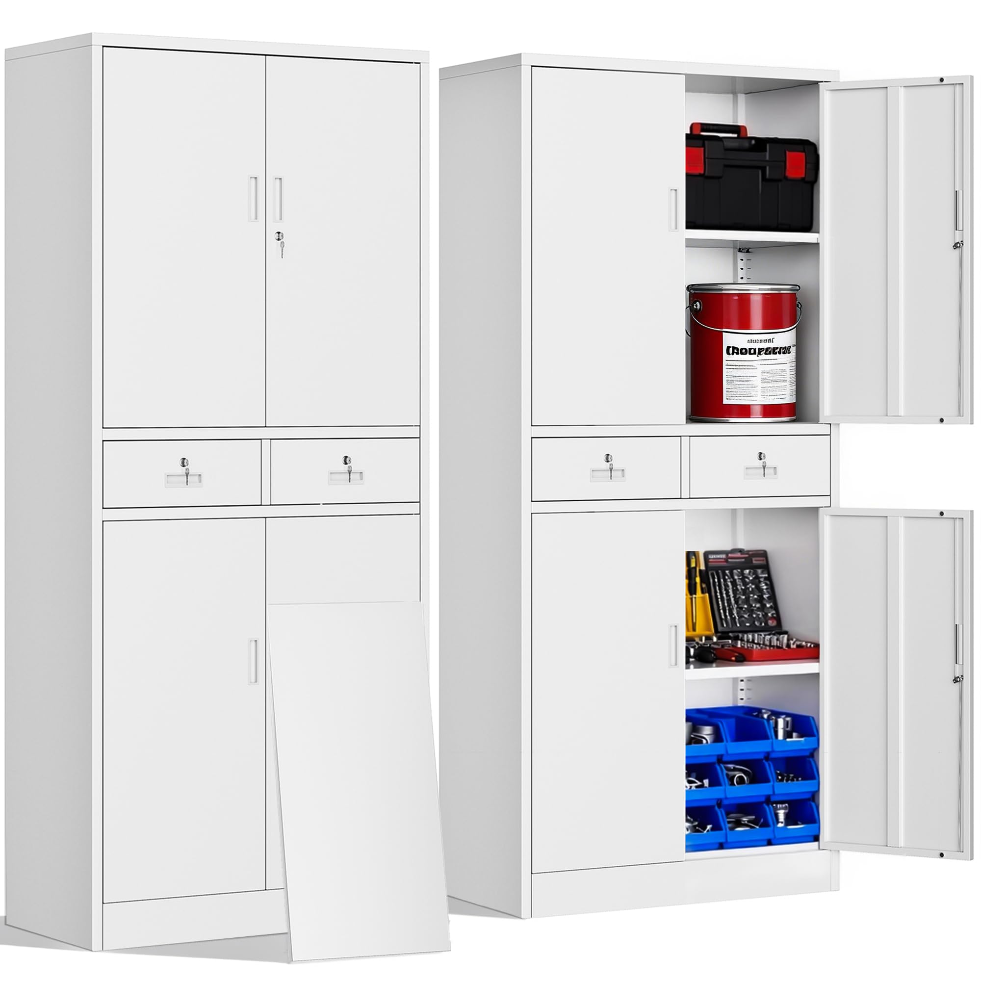 CJF Metal Storage Cabinet with Adjustable Shelves and Drawers, 71" H Locking Pantry Storage Cabinet for Office, Garage, Home, School, Utility (White)