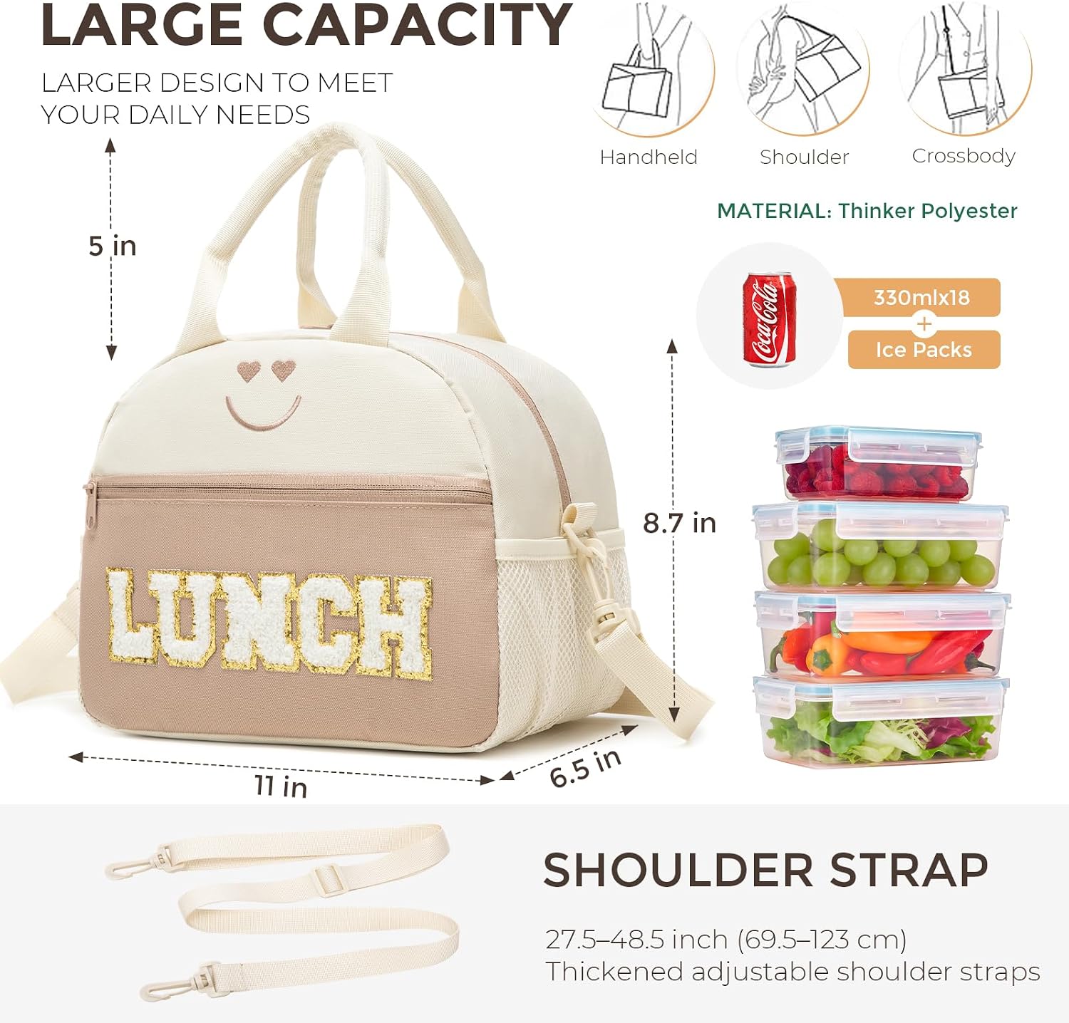 Lunch Bag for Girls Women,Preppy Lunch Box for Teen Girls Fit for 2 Meals | Large Insulated Lunchbox with Hand Hold & Shoulder Straps, loncheras para niñas Lunch Tote Bags for Work Office Picnic School