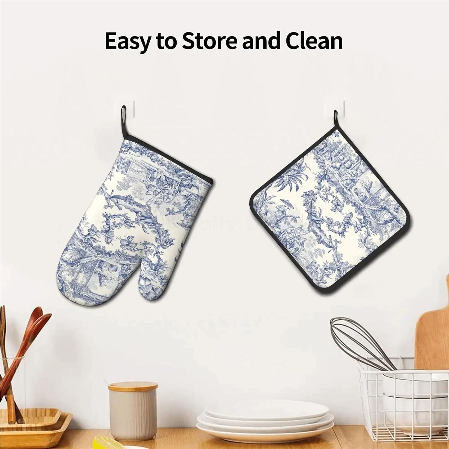 Navy Blue Motif Heat Oven Mitts and Pot Holders Sets Oven Gloves for BBQ Cooking Baking Grilling(3)