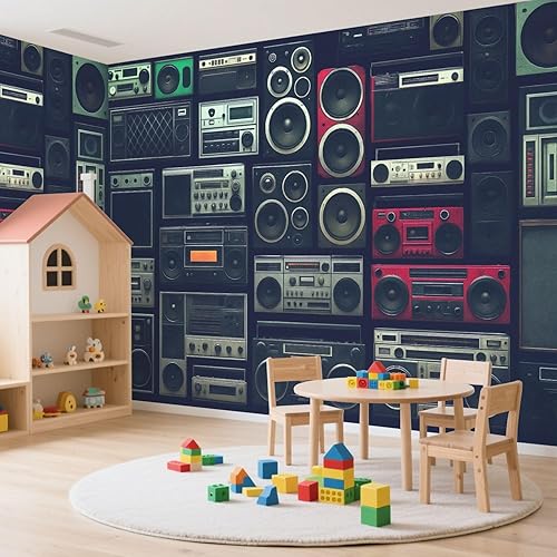 Miniatura 5 de Mural mural de pared vintage para despegar y pegar, radio de pared Boombox, papel tapiz de los años 80, autoadhesivo, extraíble, calcomanías de