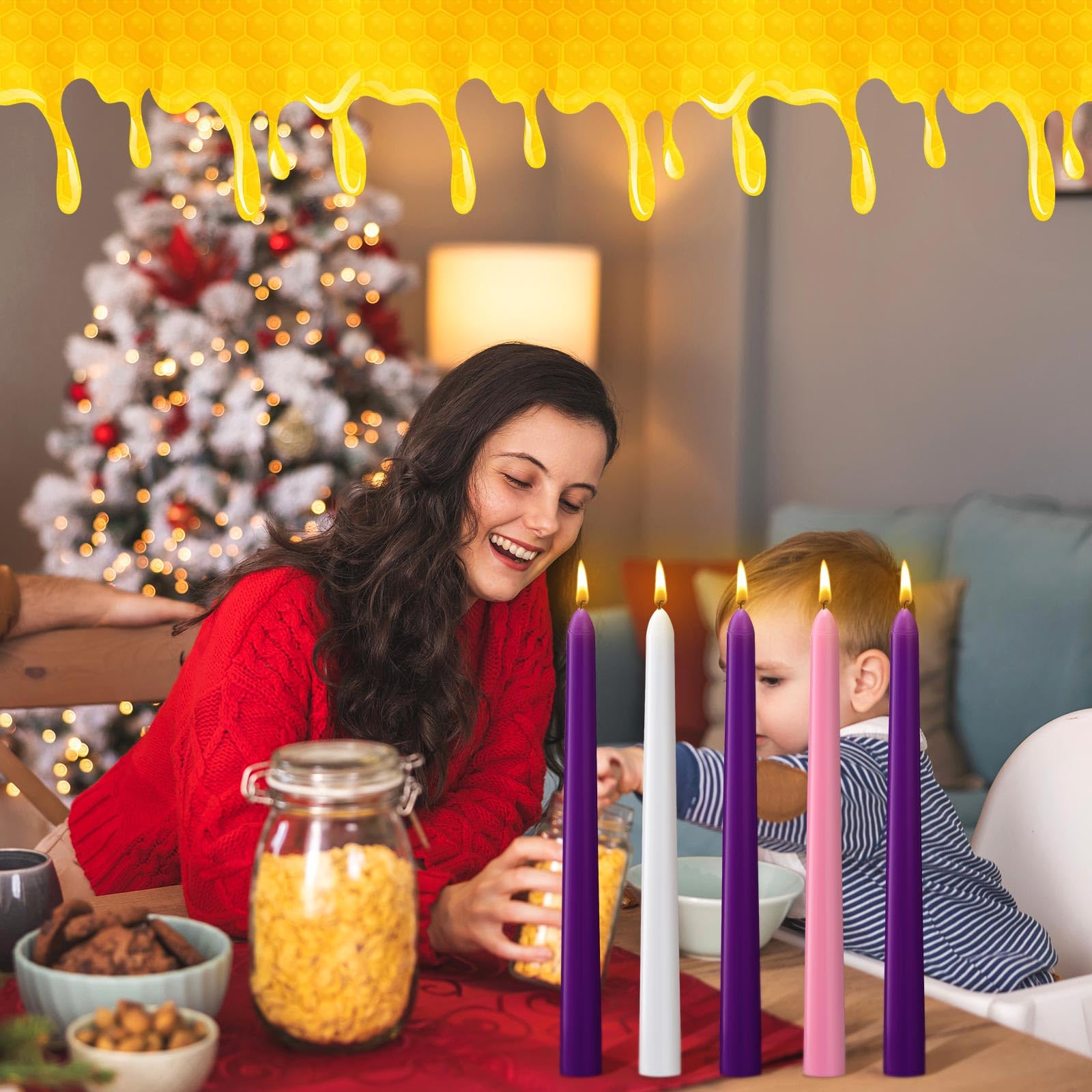 Nuanchu 10 candele in cera d'api per l'avvento in cera d'api naturale, 25,4 cm x 2,22 cm, decorazione da tavolo per l'avvento, fatte a mano, senza fumo, non profumate, per Natale, vacanze