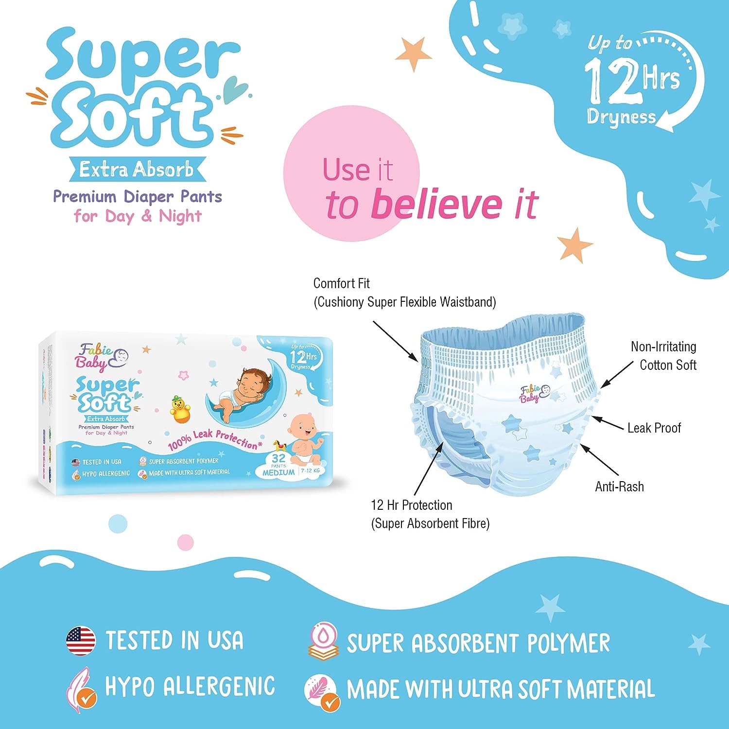FABIE BABY Bottom Duo Premium Diaper M Size - 32 Pants + 200gm Powder Combo 2