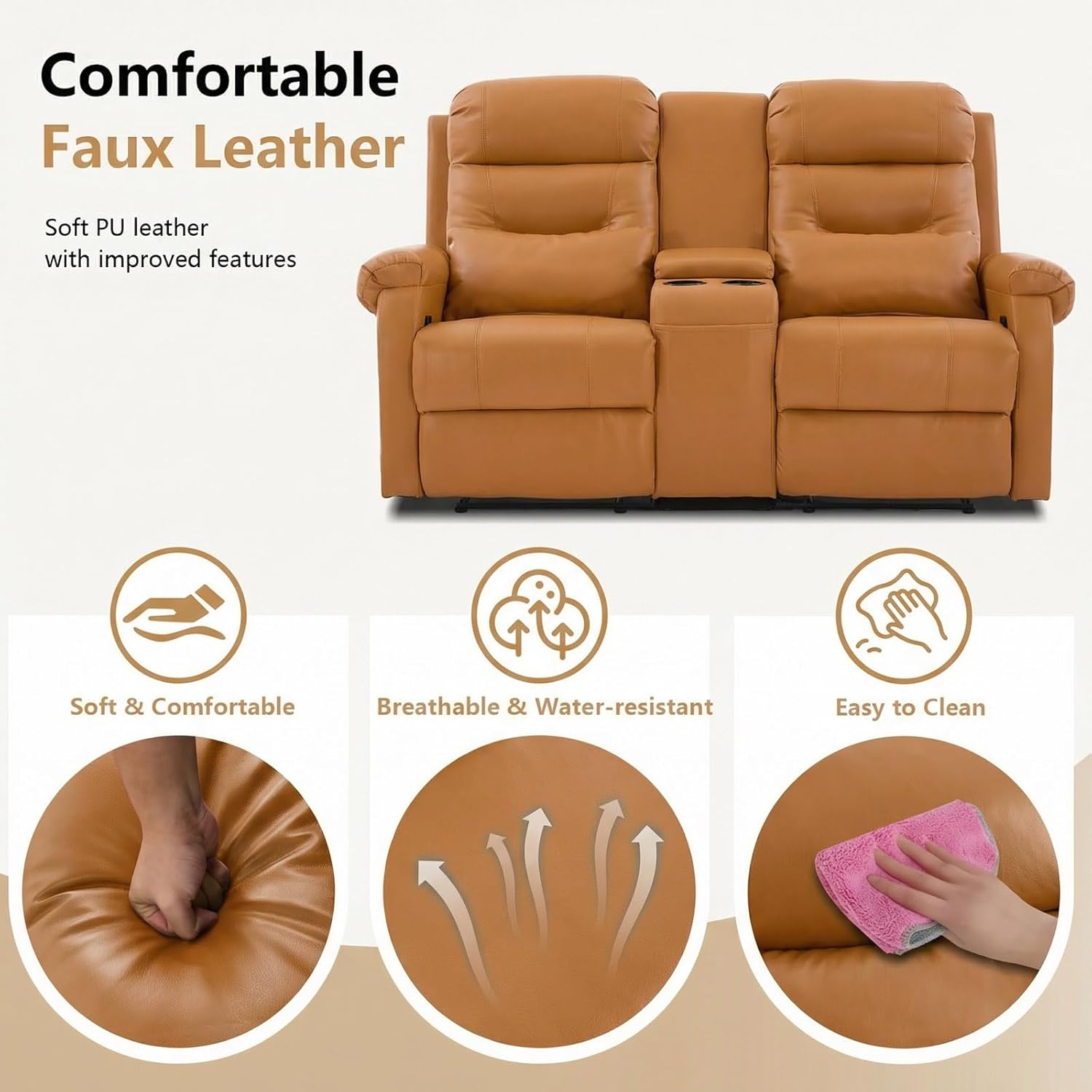 Loveseat Reclining Sofa with Console, RV Recliner Sofa with Cup Holders, Large Pockets, Manual RV Loveseat Recliner for Living Room, Home Theaters (Orange, No LED Light)