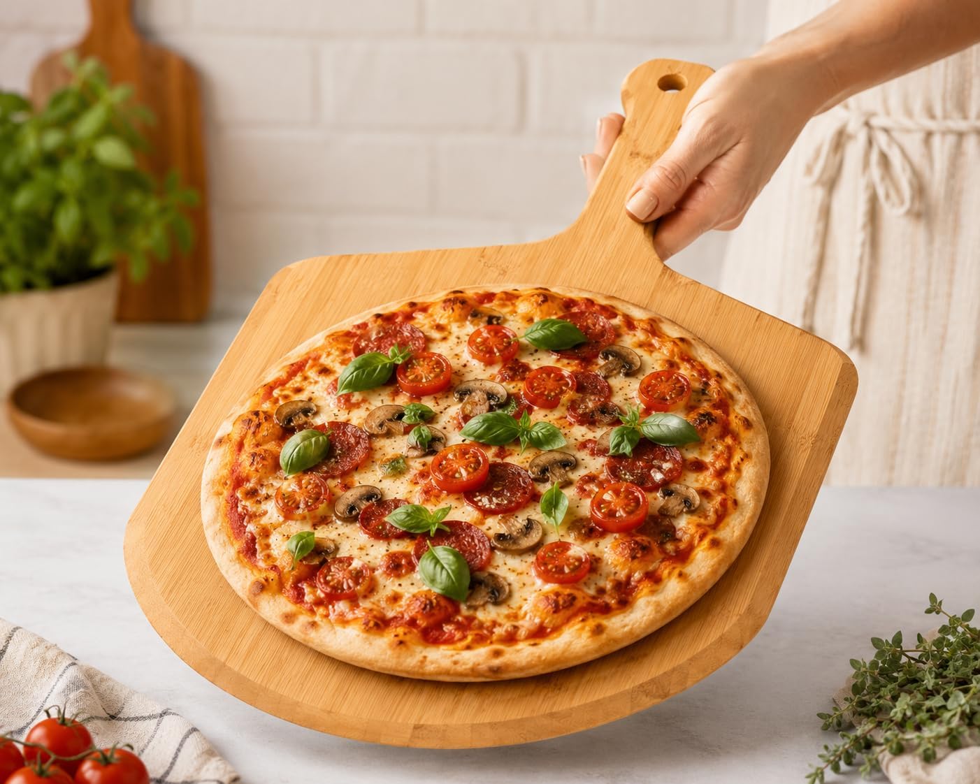 Wooden Pizza Peel, Bamboo Pizza Paddle Handle, 17.13 x 11.61 Inch Wood Pizza Peel for Baking, Serving & Cutting Pizza, Bread & Pastries, Wooden Pizza Board, Durable Design for Kitchen and Oven Use