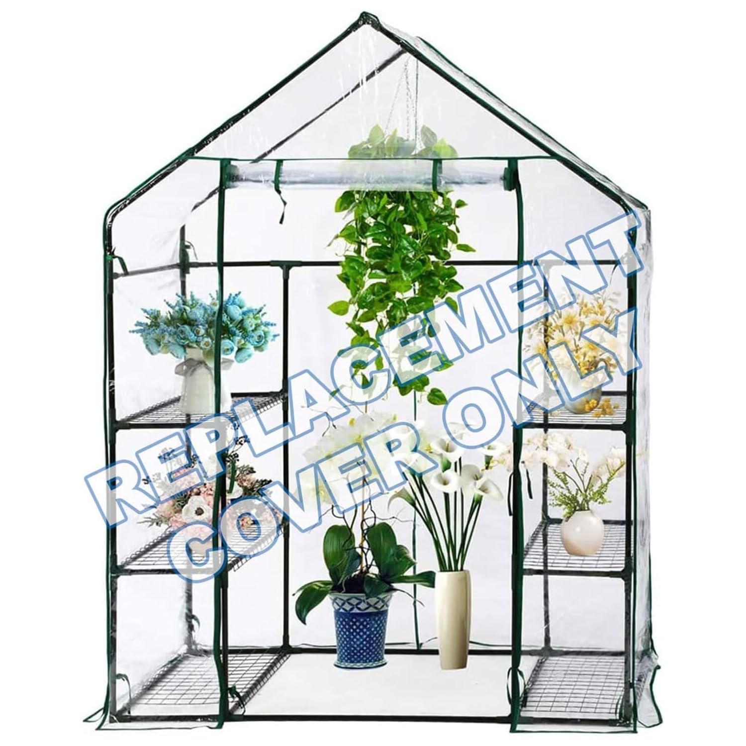 Greenfields Walk-In Greenhouse Cover Replacement Clear PVC Universal Fit W143 x D73 x H195cm Heavy Duty Waterproof Garden Greenhouse Spare Cover with Zipped Roll-Up Door