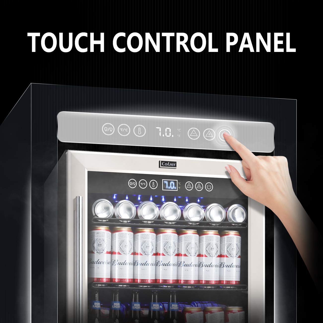 Close-up of the COLZER beverage cooler's touch control panel, showing buttons for power, temperature unit selection (Celsius/Fahrenheit), temperature display, and up/down arrows for temperature adjustment.