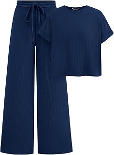 PRETTYGARDEN Women's Summer 2 Piece Knit Loungewear Short Sleeve T Shirts Wide Leg Pants Tracksuit Casual Outfits