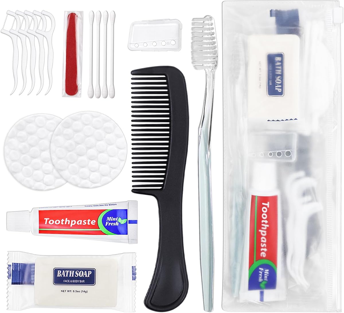 100 juegos de kit de higiene personal a granel, cepillos de dientes desechables con pasta de dientes | Kit de tocador y funda de jabón con peine de hilo dental, kits de artículos de tocador, suministros para personas sin hogar a granel para mujeres, hombres, viajes, personas sin hogar