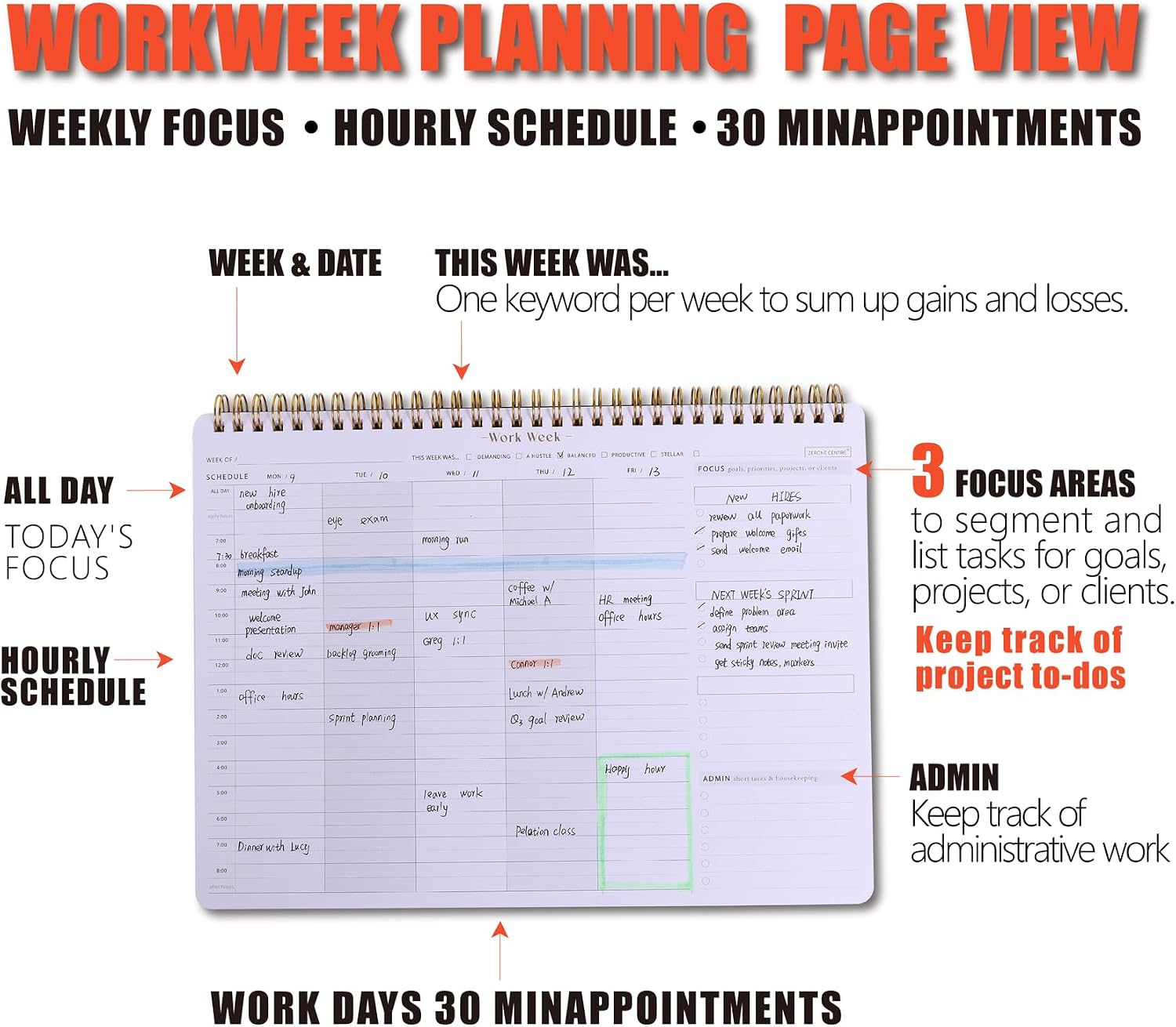 Weekly To Do List Planner w/ Hourly Schedule - A4 Workweek Desk Pad image 3