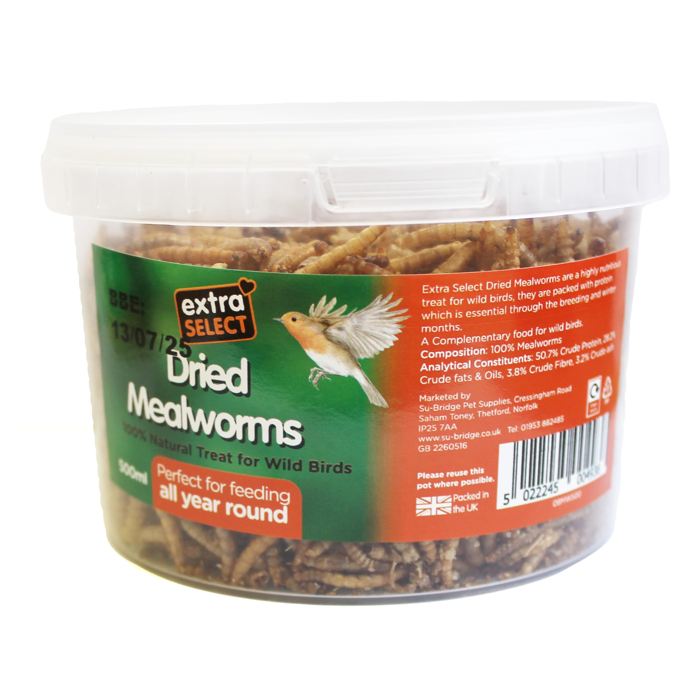 Extra Select Dried Mealworms for Wild Birds: Protein Rich Wild Bird Food for Robins and Wildlife - Meal Worms for Garden Birds - 500 ml - 2