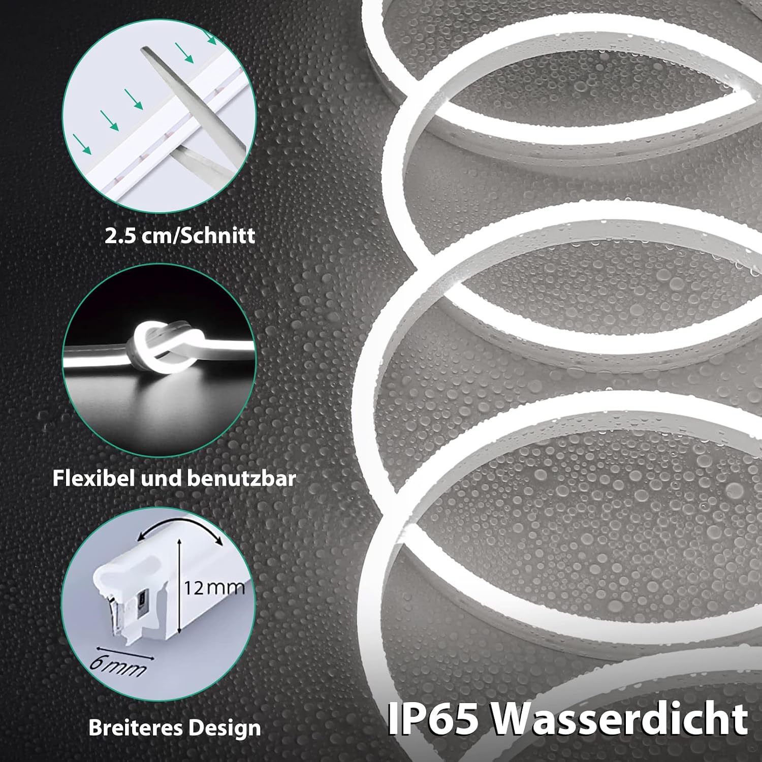 Diagram showing cuttable points, flexibility, wider design, and IP65 waterproof rating of the LED strip.