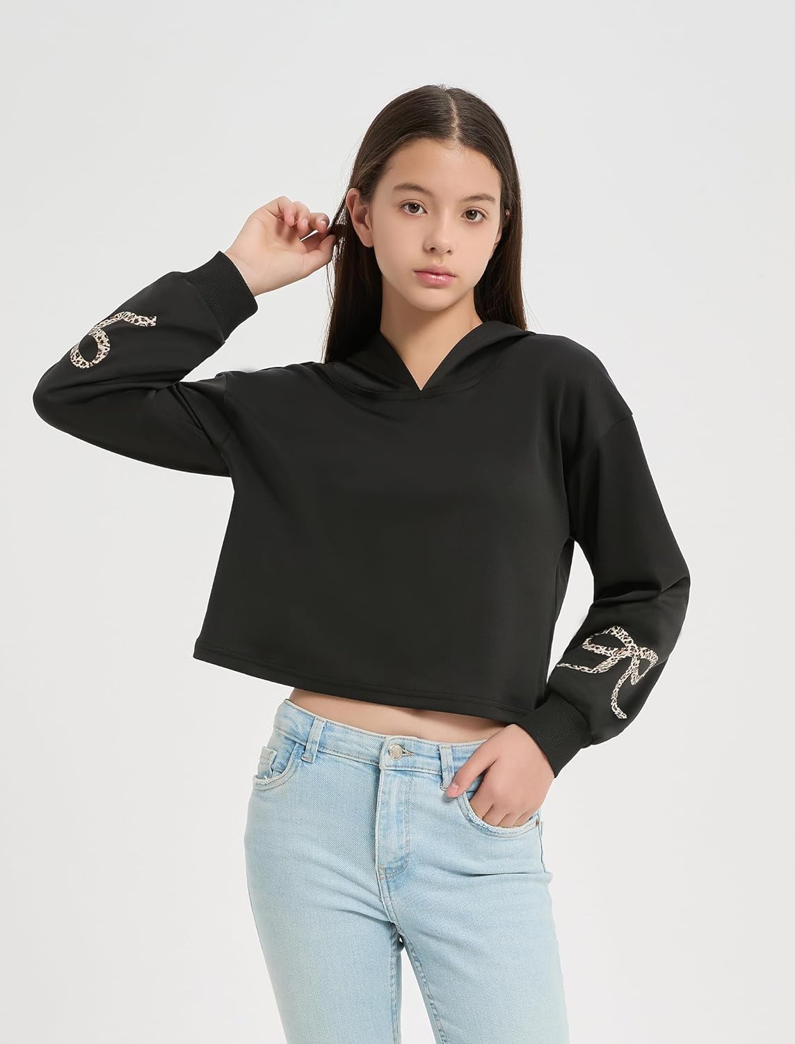 EXARUS Girls Bow Graphic Hoodies Oversized/Cropped Hoodie Teen Pullover Long Sleeve Hooded Sweatshirt Casual Preppy Cute - Image 2