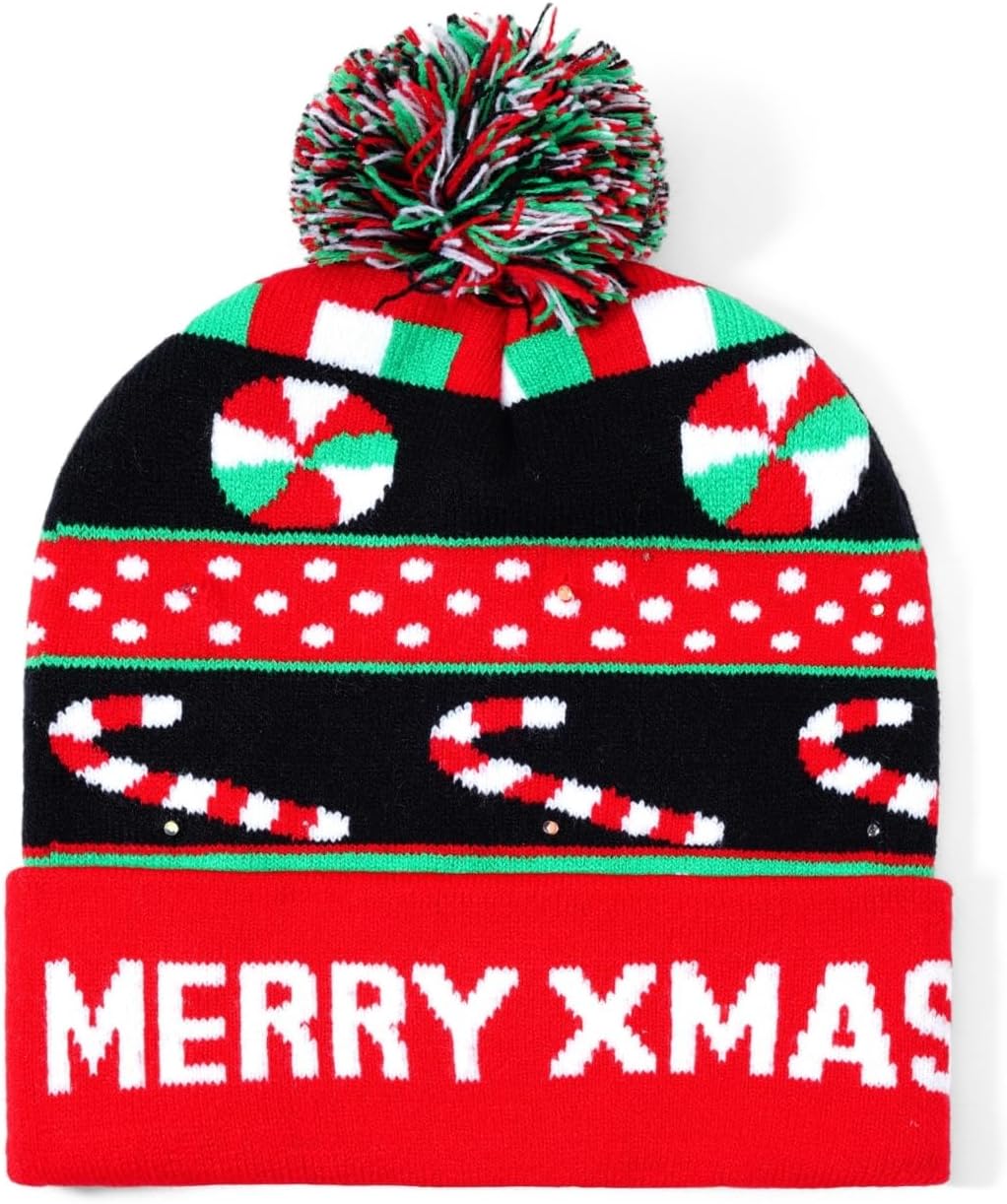 Christmas Hat 2 Pack Light Up Knitted Beanie Hat Xmas Santa Holiday Cap LED Lights - Image 3