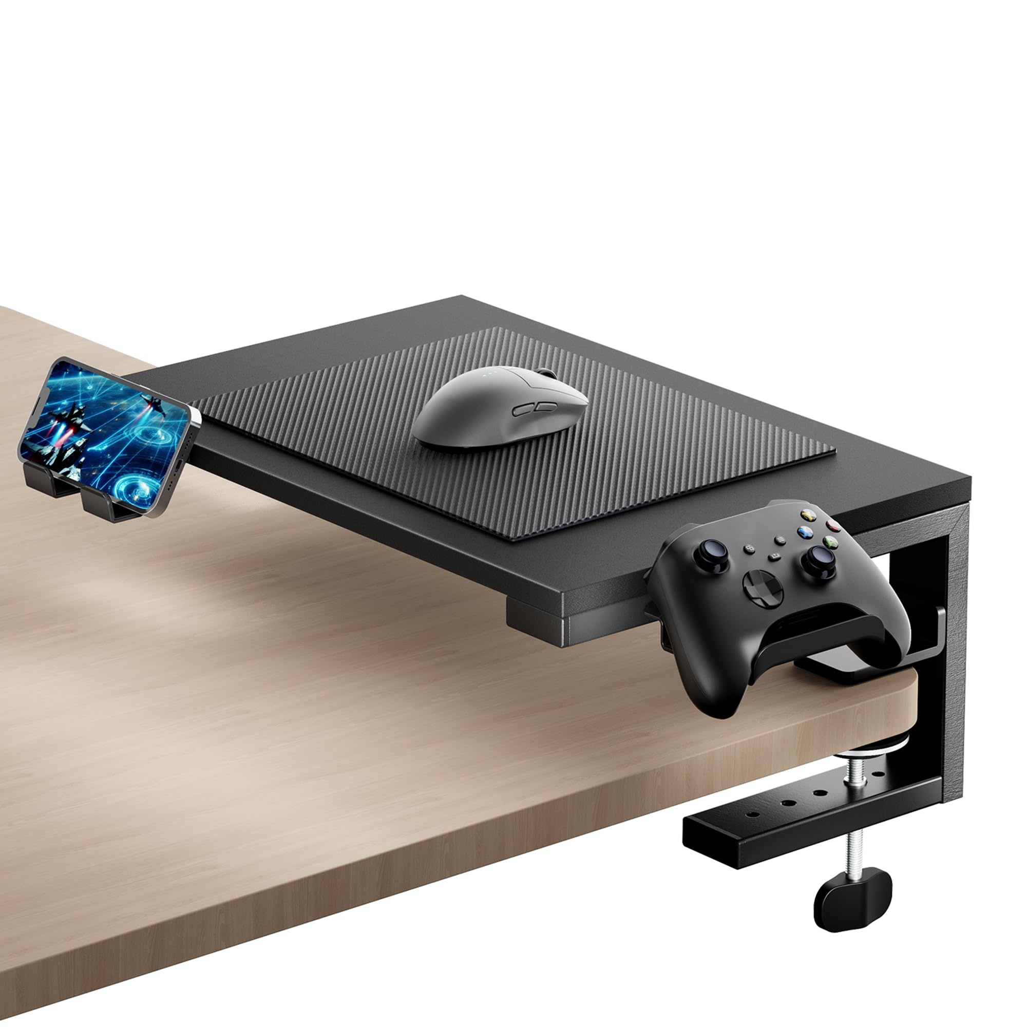 ARES WING Desk Shelf Extender, 15 inches 3 in 1 Clamp on Desk Shelf with Phone & Headset Holders, Heavy Duty Desktop Organizer for Gaming and Office