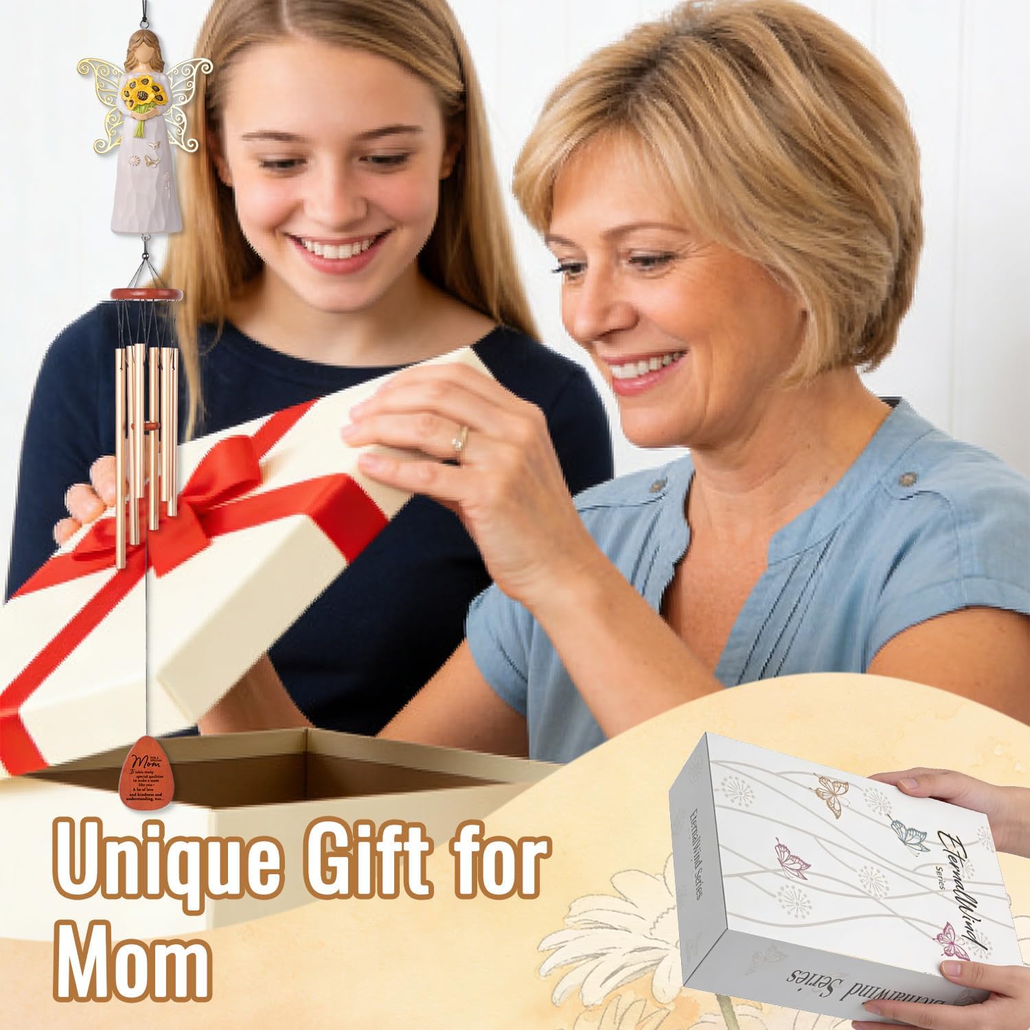 Gifts for Mom from Daughter Son, Angel Wind Chime with Geeting Card to Mother,Personalized Birthday Gifts for Mum Mama, Sentimental Garden Decor for Mom, Indoor Outdoor