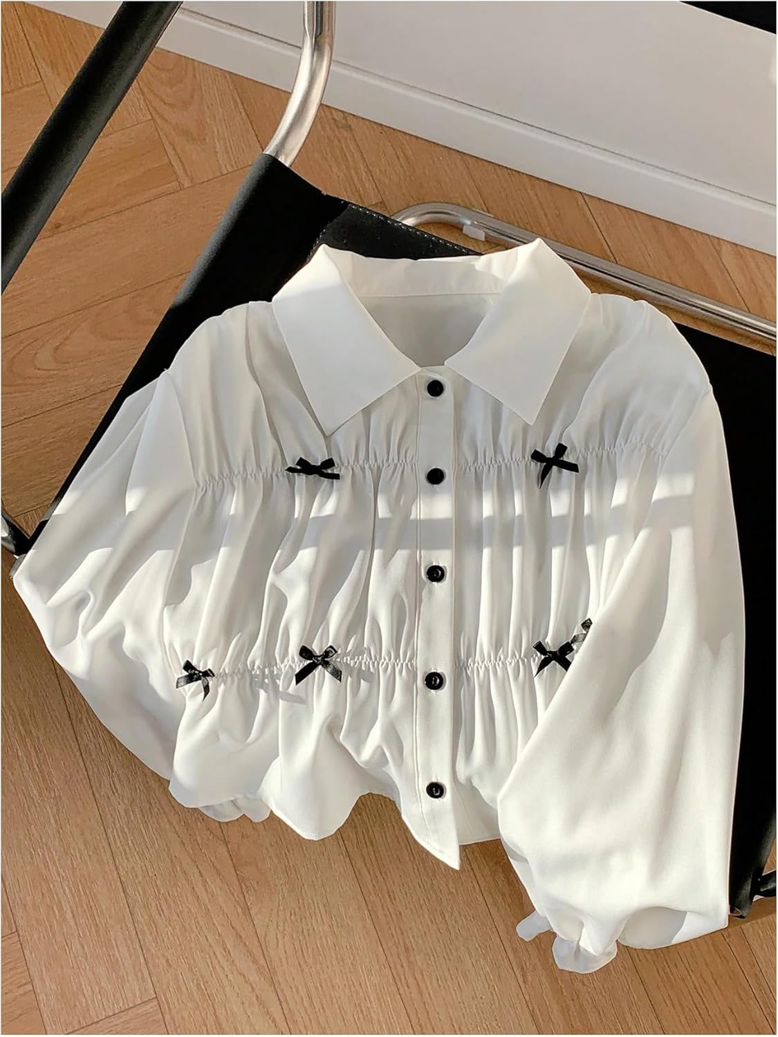 GORGLITTER Women's Crop Button Down Shirts Ruched Bow Tops Cropped Lantern Sleeve Collar Blouses - Image 4