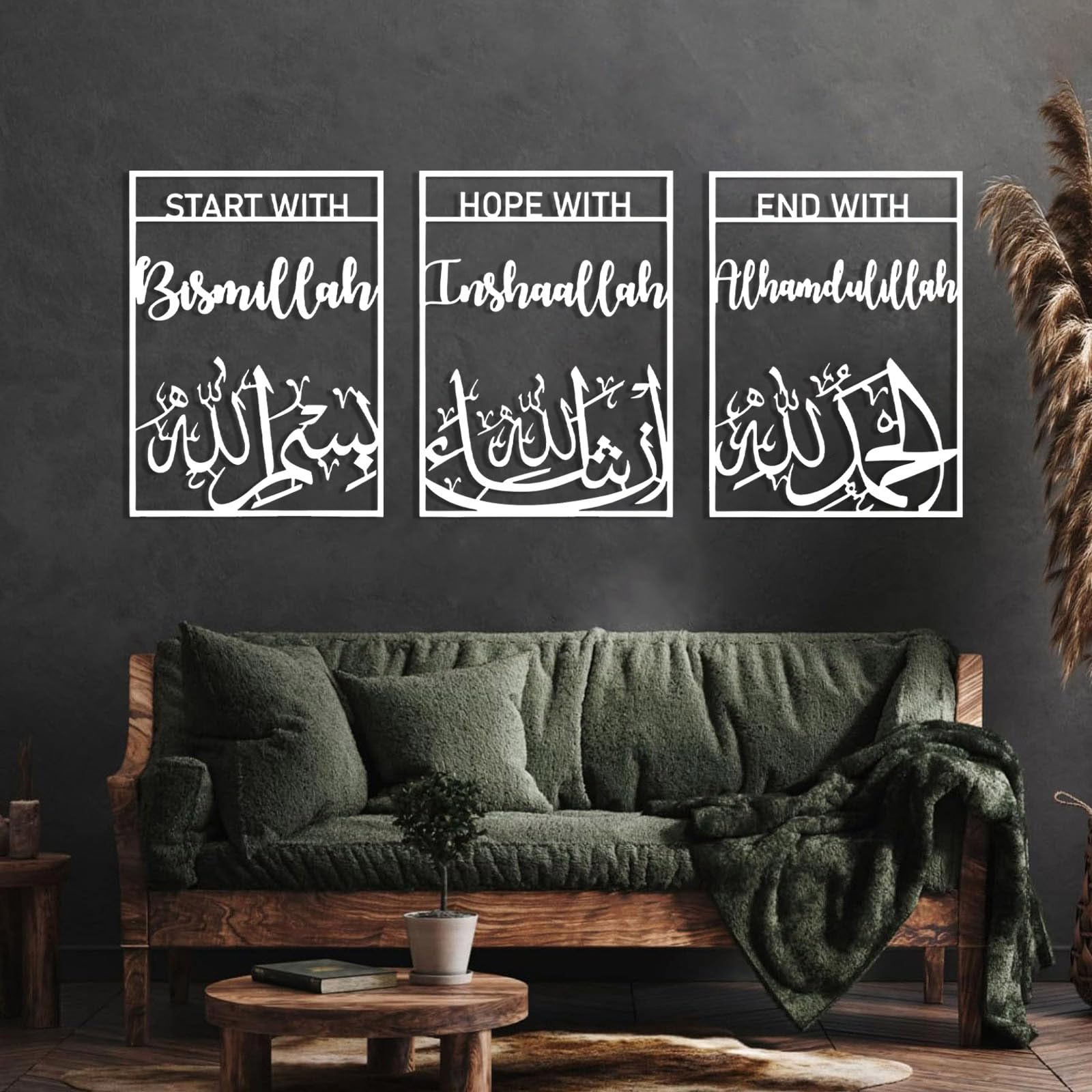 Generisch Metall-Wandkunst Bismillah Inşhaallah Metall-Wanddekor Alhamdulillah Wandkunst-Set mit 3 islamischen Wanddekorationen Großer islamischer Wandbehang Arabische Kalligrafie-Dekoration