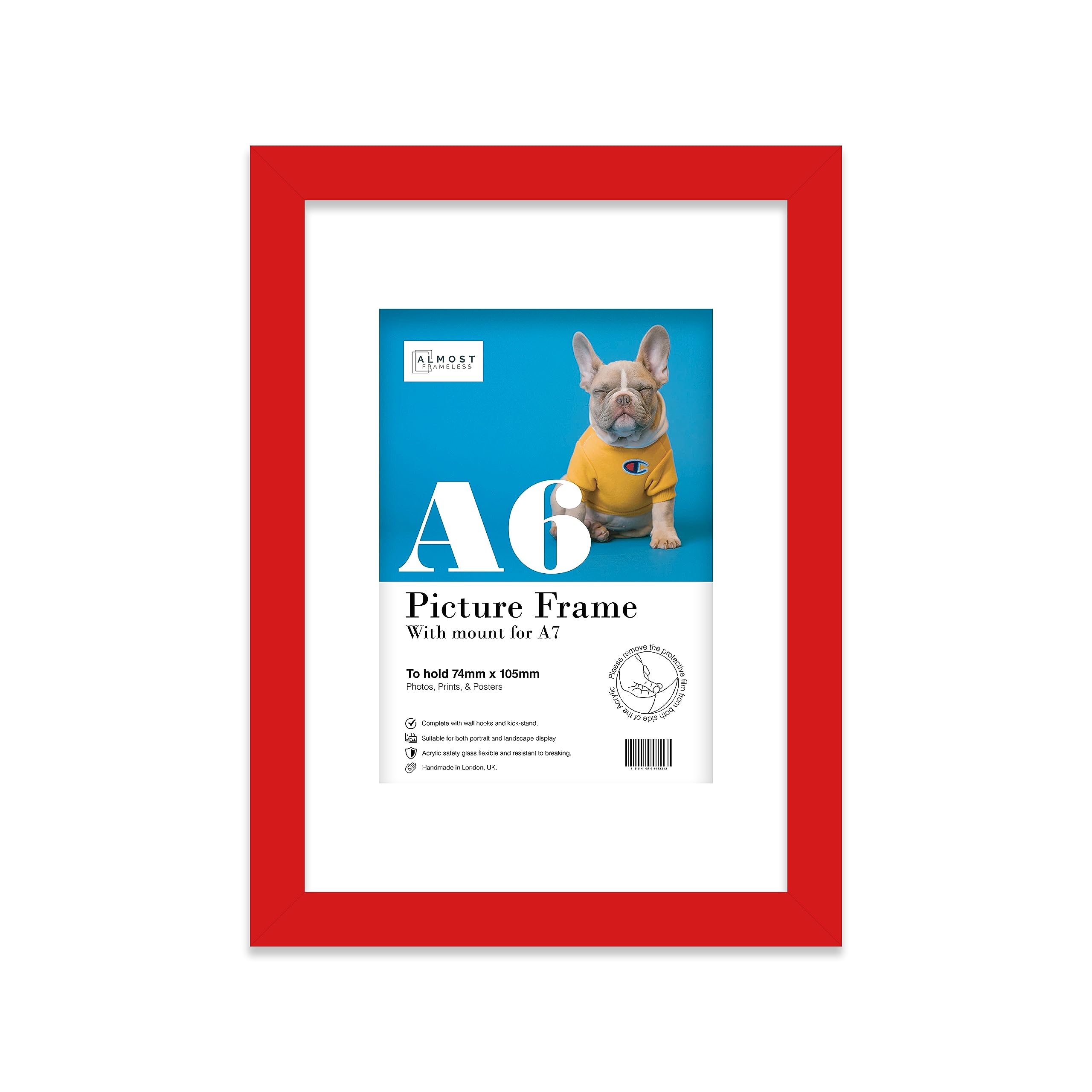 Almost Frameless A6 Red Picture Frame With Mount for A7 Print, Poster or Photo Poster, Photo, Artwork, or Print. Thin Edge Slim Frame Portrait and Landscape Display with Wall Hooks