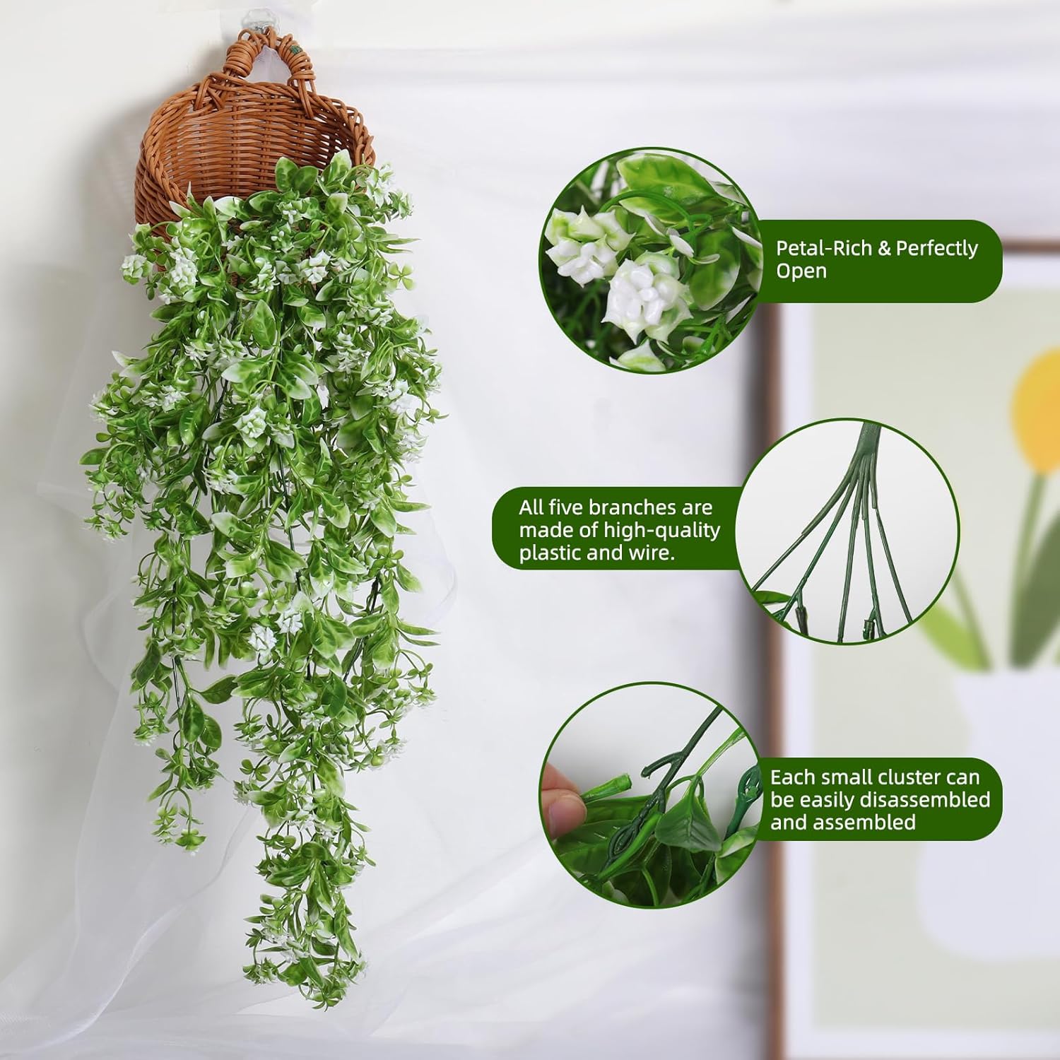 RECUTMS 2Pcs Artificial Hanging Flowers for Outdoor Decoration Fake Hanging Plants Faux White Flowers Artificial UV Resistant Plastic Greenery Vines Ivy for Outdoor Indoor Garden Party Decor(White) - Image 4