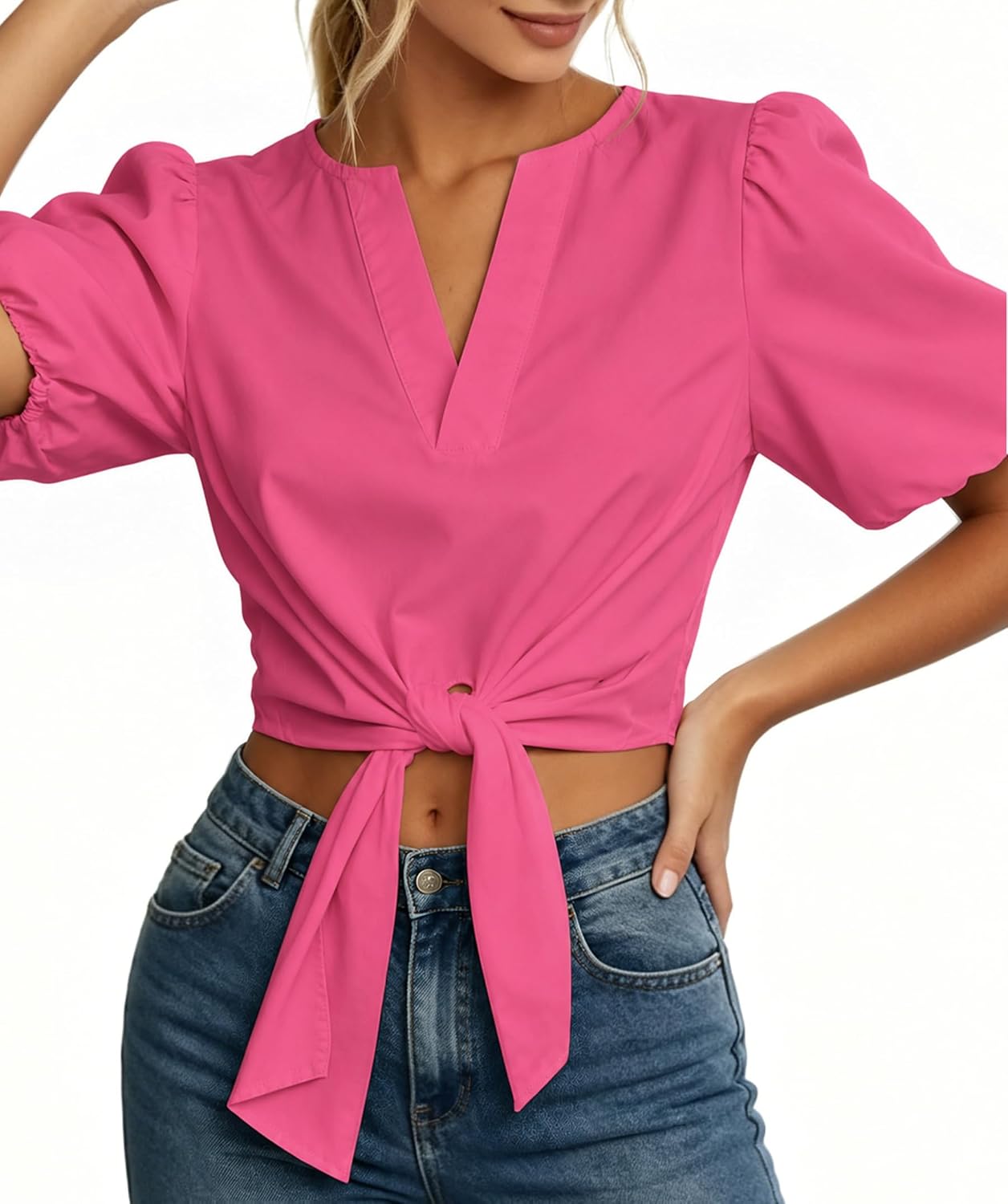 Remidoo Women's Puff Sleeve Tie Front Crop Top Blouse Back Button Down V Neck Tops
