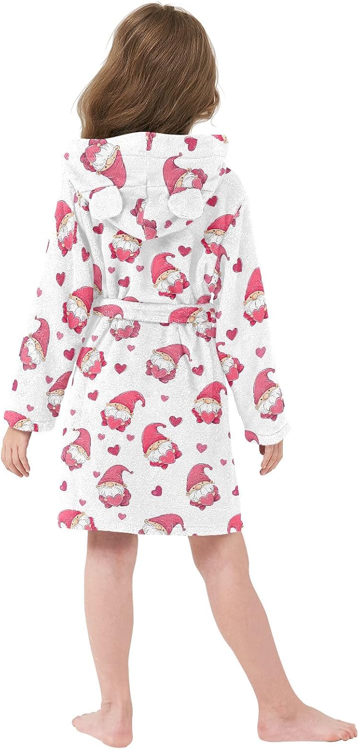 Gnomes Pink Heart Toddler Hooded Bathrobe for Boys Girls Soft Plush Bath Towel Robe 2-12 Years