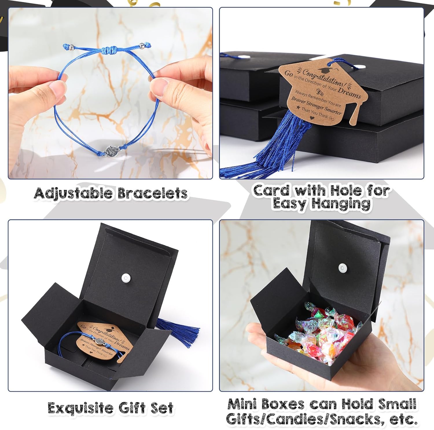 Cunno 50 Sets 2025 Graduation Gifts Bulk Include 50 Compass Bracelet 50 Graduation Cap Box with Tassel 50 Congratulations Cards, Graduation Party Favors Party Supplies for Him Her(Black Blue)