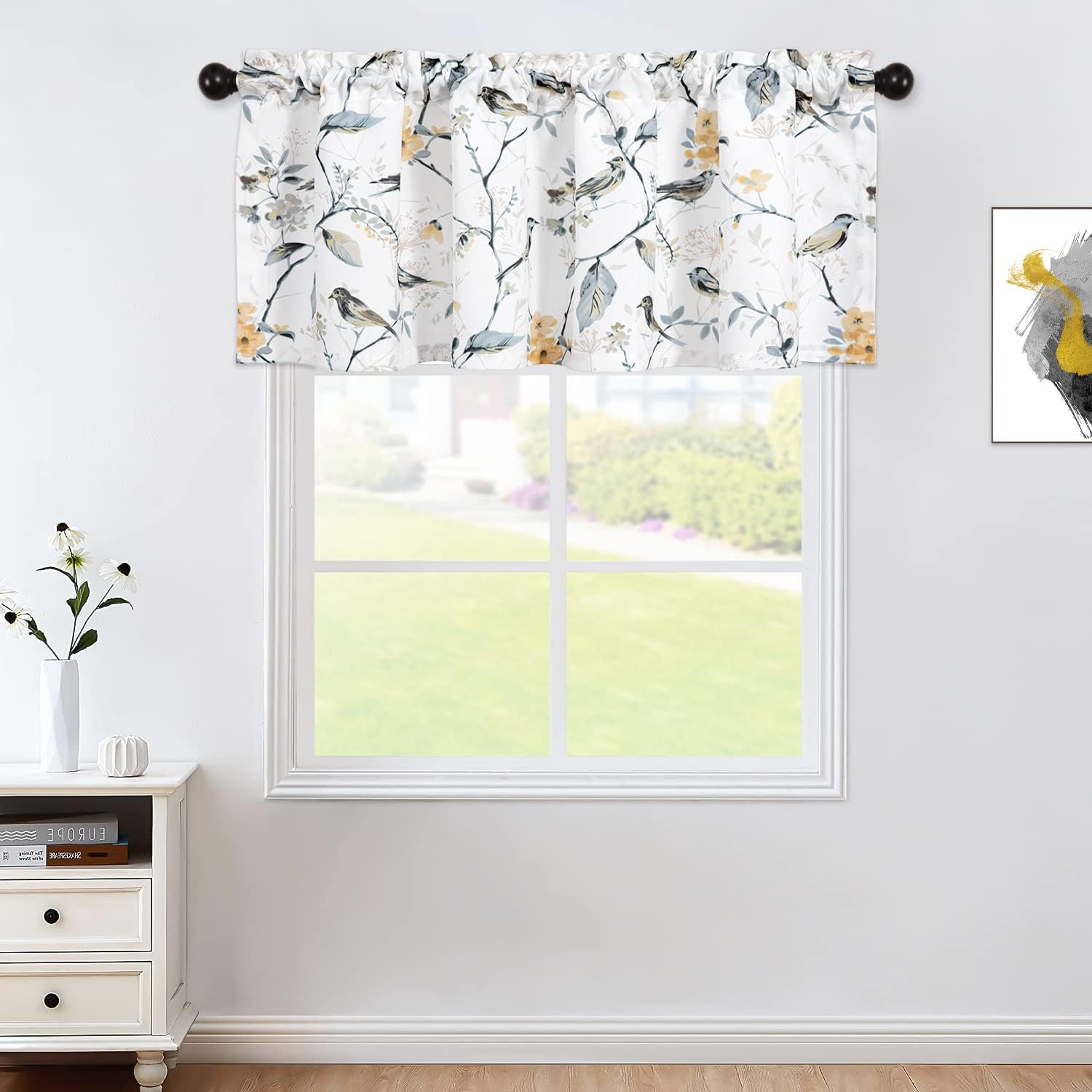 VOGOL Lovely Birds Vines Printing 1 Piece Lumbar Pillow Case, 12 x 20 Inch Bundle with Matching Window Curtains Kitchen Valance, Rod Pocket 52 x 18 Inch, Gray