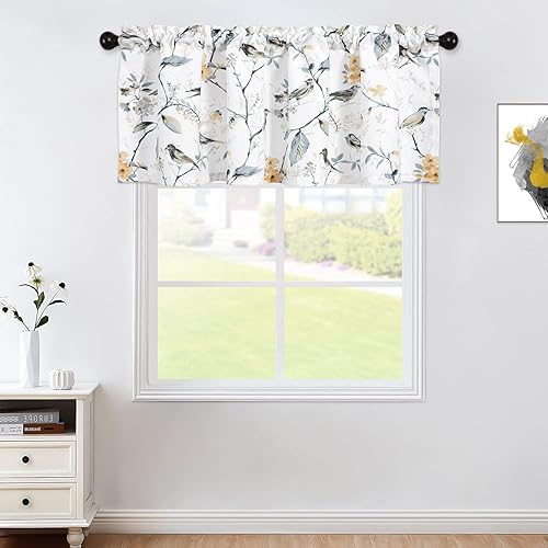 Miniatura 152 de VOGOL Cenefas con patrón de pájaros para ventanas de cocina, cenefa texturizada de lino con estampado floral y pájaros para ventanas pequeñas