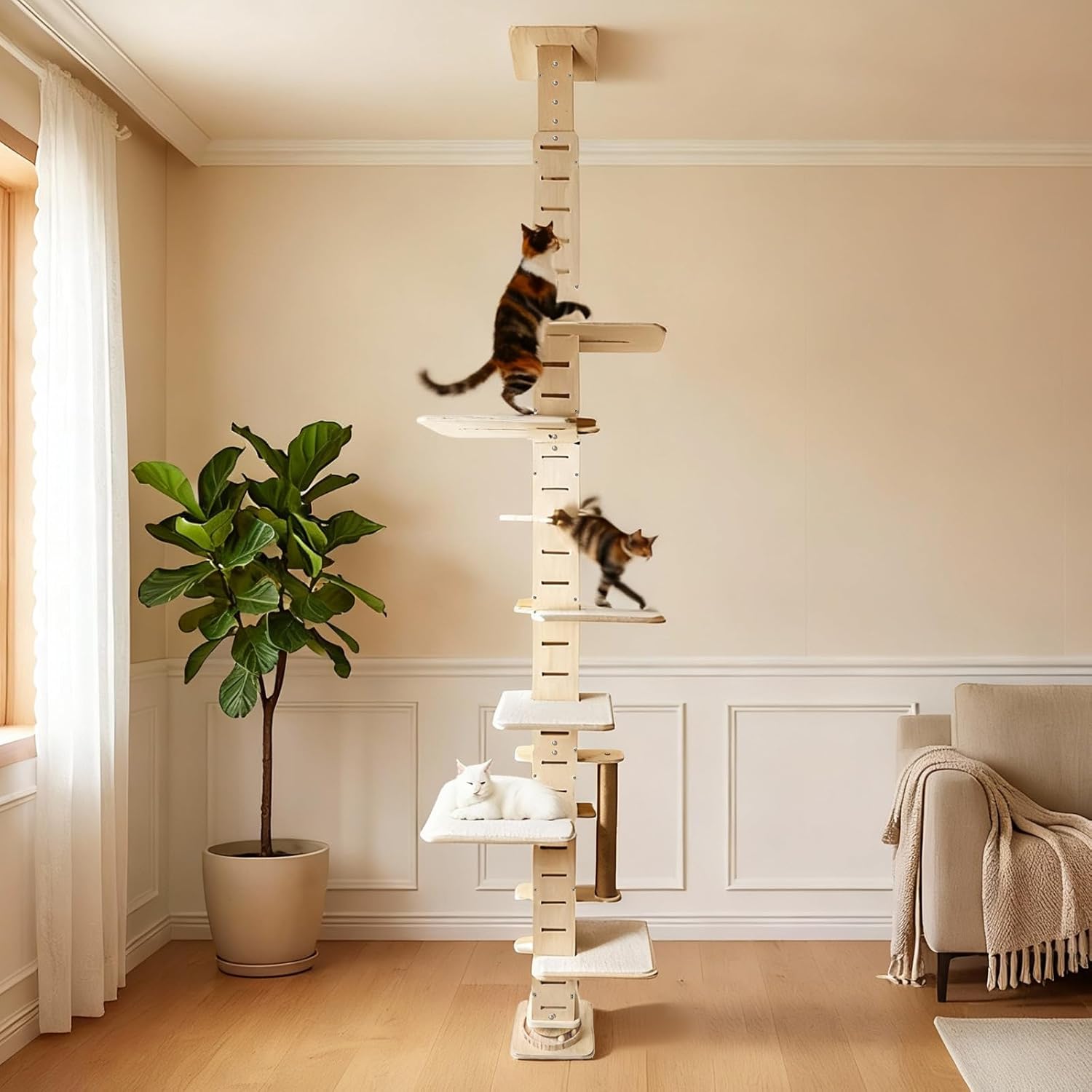 Floor-to-Ceiling Cat Tree, Multi-Level Adjustable Climbing Tower (8.2–9.8 ft) with Scratching Posts, Adjustable Jump Platforms, Interactive Ball Toy Base & Cozy Rest Areas