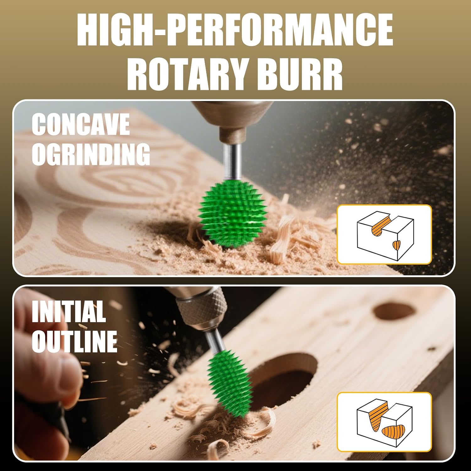 CAELUM 2 Pcs Tungsten Carbide Rotary Burr Kit, 1/4" Shaft Extreme Coarse Woodworking Attachment for Graining Tools, Sphere, Flame Carving Bit for Wood, Rubber Engraving & Material Removal