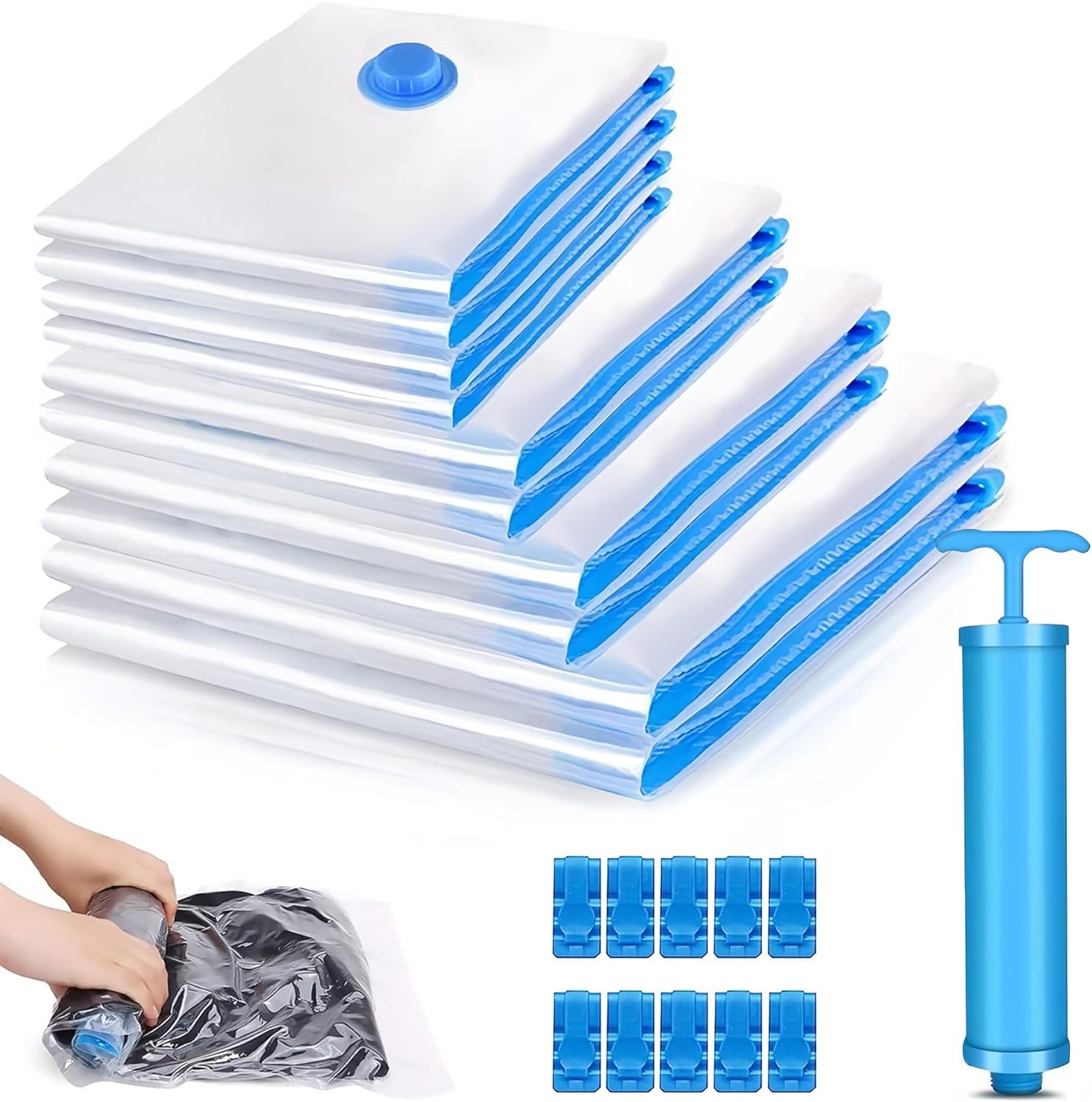 Ravido Vacuum Storage Bags 10 Pack Jumbo Space Saver Bags Seal with Pump Vacuum Sealer Bags For Clothes, Comforters, Blankets, Bedding, Pa+Polyethylene