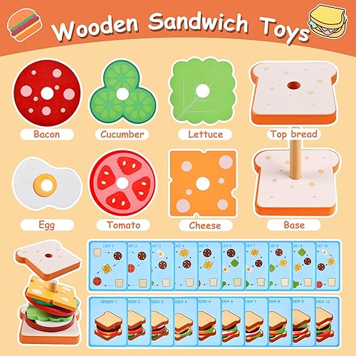 Vista 5 de Montessori Toys for 2, 3 Year Old, Wooden Burger Sandwich Stacking Toys for Toddler Educational Toys Fine Motor Skills Foods Preschool Learning