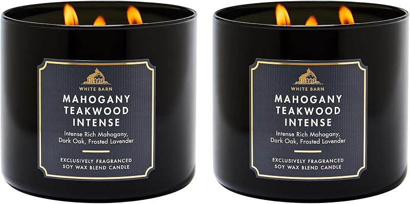 Bath & Body Works Vela intensa de madera de teca de caoba de 3 mechas – Vela perfumada para uso en el hogar – Fragancia duradera que llena la habitación – Alta concentración de aceite aromático – Paquete de 2
