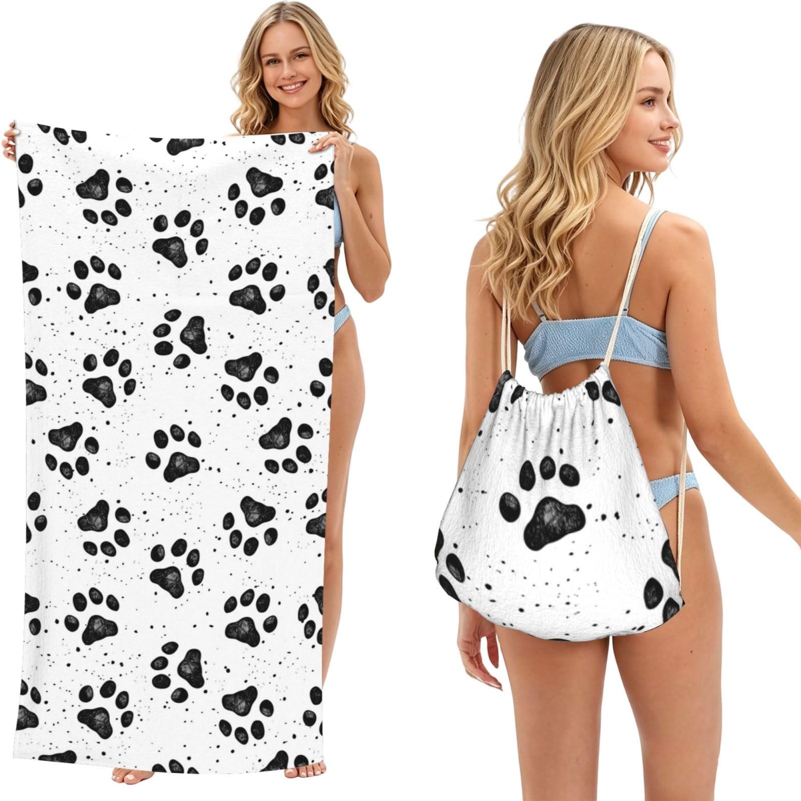 Poadnly As Picture Dog Paw Pattern, 2 In 1 Packable Towel Bag, Beach Towels With Drawstring Backpack For Travel Holiday Camping