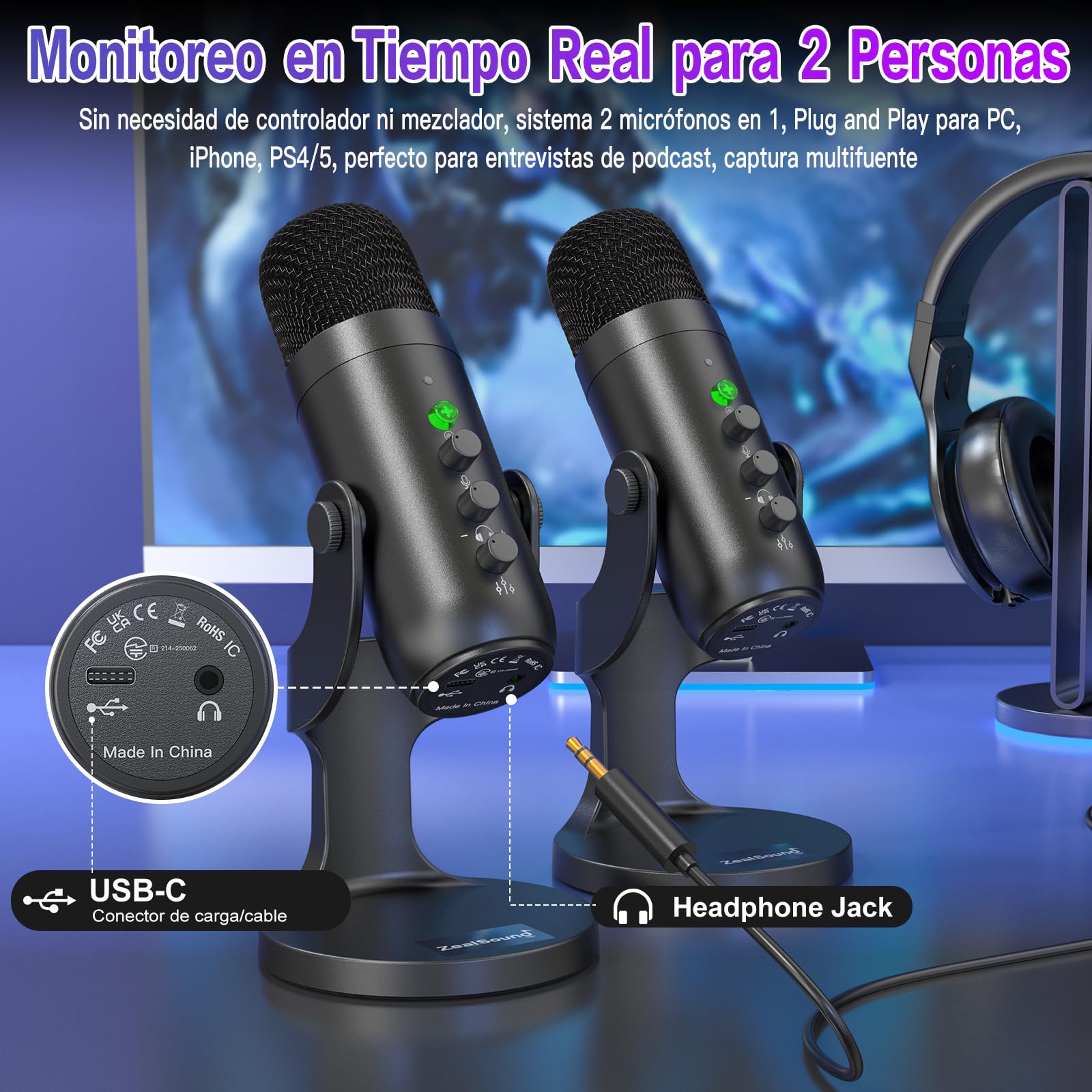 Kit de micrófono de podcast USB inalámbrico 2 en 1 zealsound para PC/iPhone, micrófono de condensador con cancelación de ruido Plug & Play para grabación de juegos en solitario/dual Stream ASMR TikTok