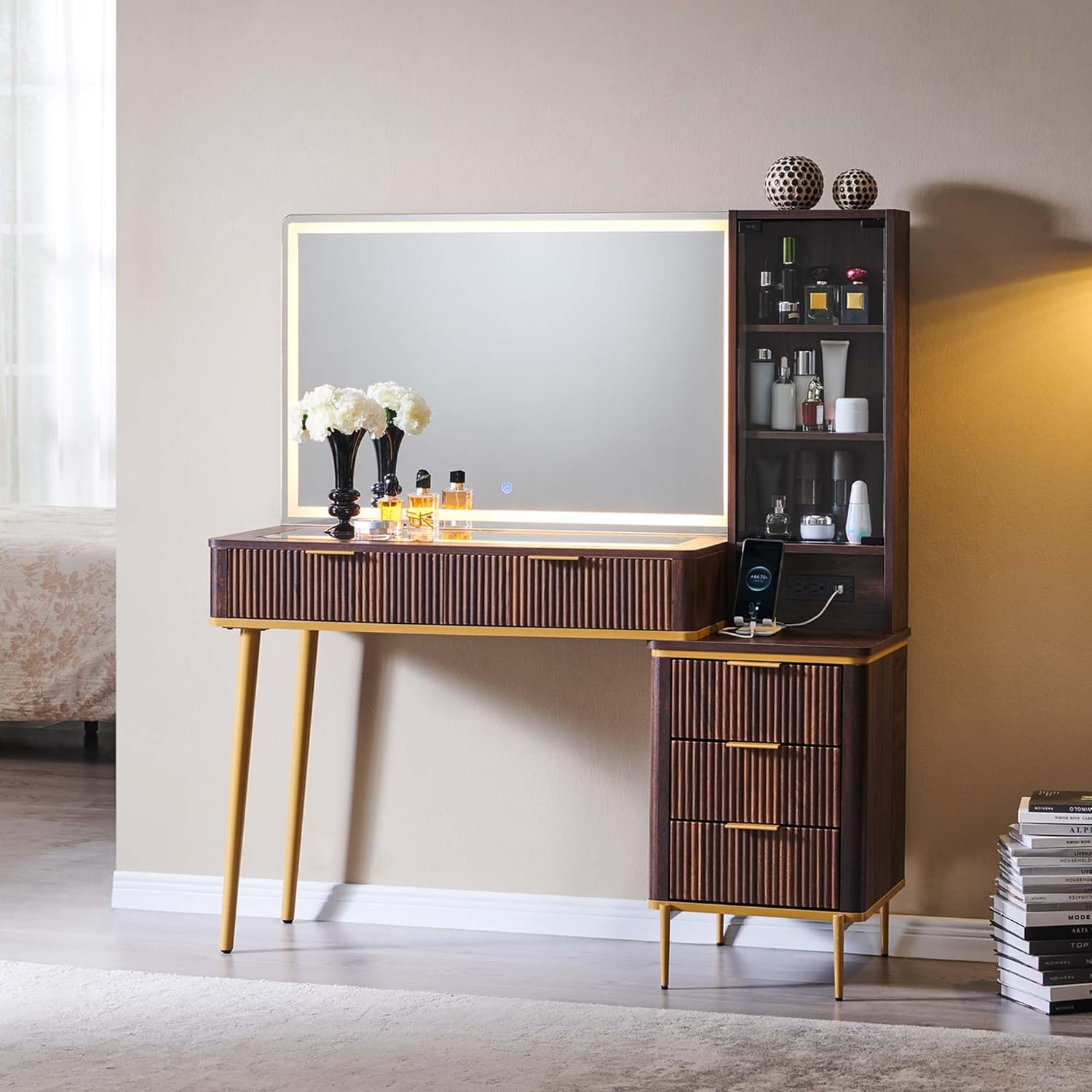 T4TREAM Fluted Makeup Vanity Desk with 36" HD Lighted Mirror, 48" Big Modern Vanity Desk with Mirror and Lights, Dressing Table with 5 Drawers & Shelves, Glass Top for Bedroom, Dark Walnut