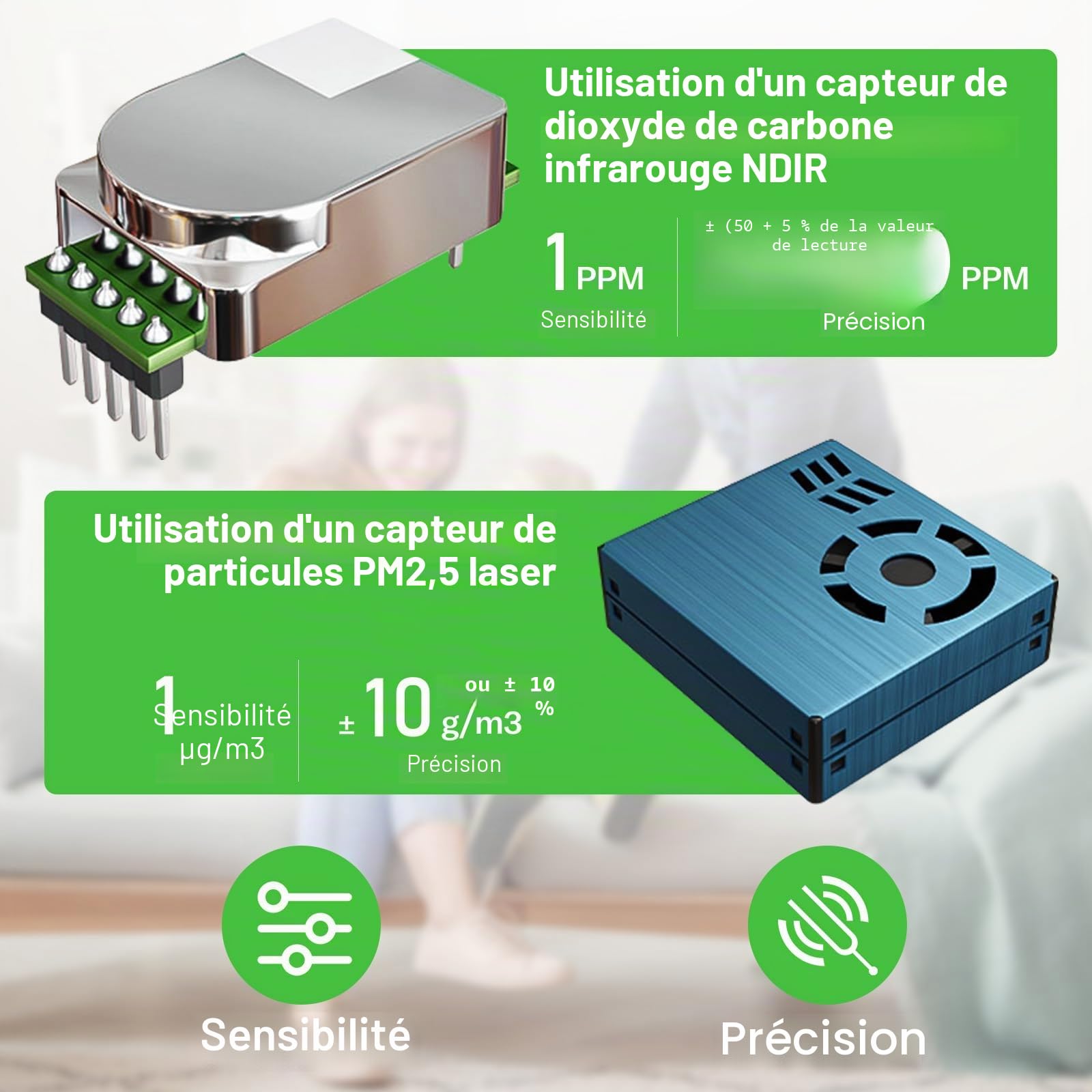 10 en 1 Appareils Mesurant Qualité Air Intérieur, WiFi Détecteur de AQI, CO2, PM1.0, PM2.5, PM10, HCHO, TVOC, Température et Humidité, Moniteur de Pollution détecteur co2 connectivité avec APP