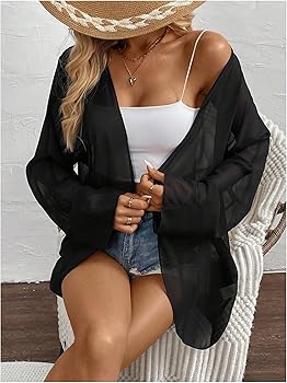 OYOANGLE Women's Chiffon Sheer Long Sleeve Open Front Cardigan See