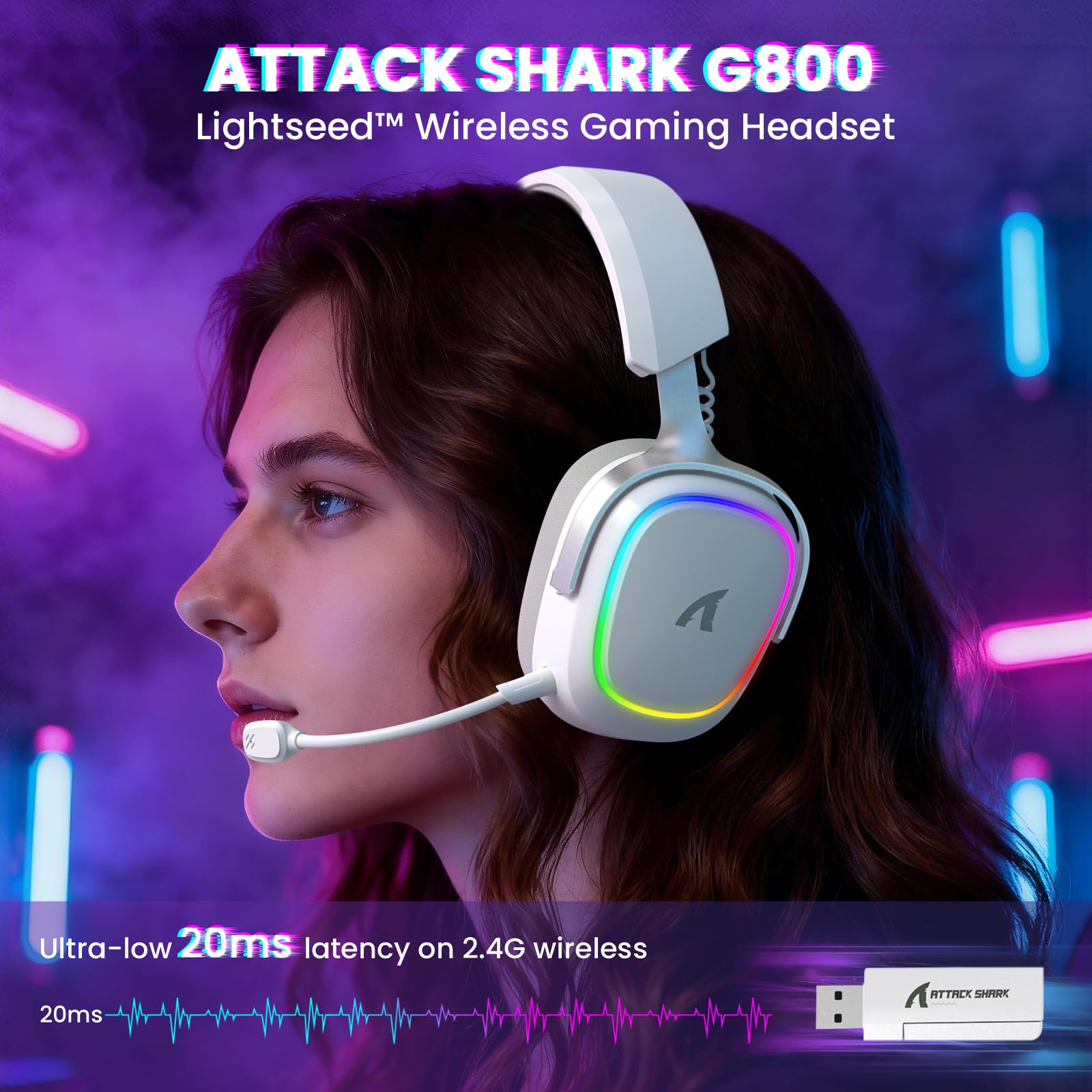 ATTACK SHARK G800 Kabelloses Gaming-Headset, Aluminiumrahmen, 7.1 Surround, Biegsames ENC-Mikrofon, Tri-Modus(2.4G/BT/3.5mm), 1000mAh, 50mm Treiber, RGB Für PC/Mac/PS- Weiß