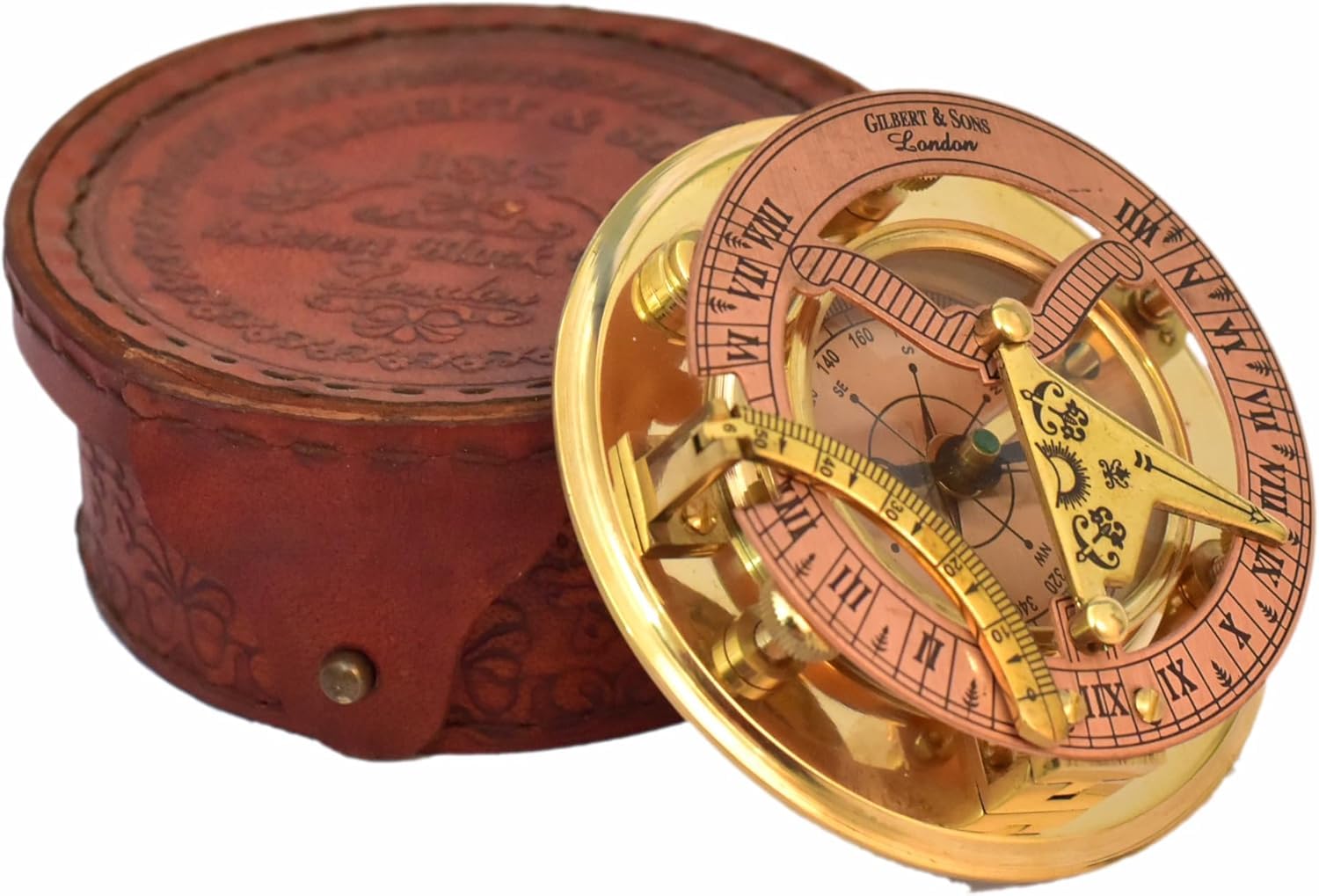 Personalized Engraved Antique Brass & Copper Sundial Compass, Sundial Clock in Leather Box Gift Sun Clock Ship Replica Watch