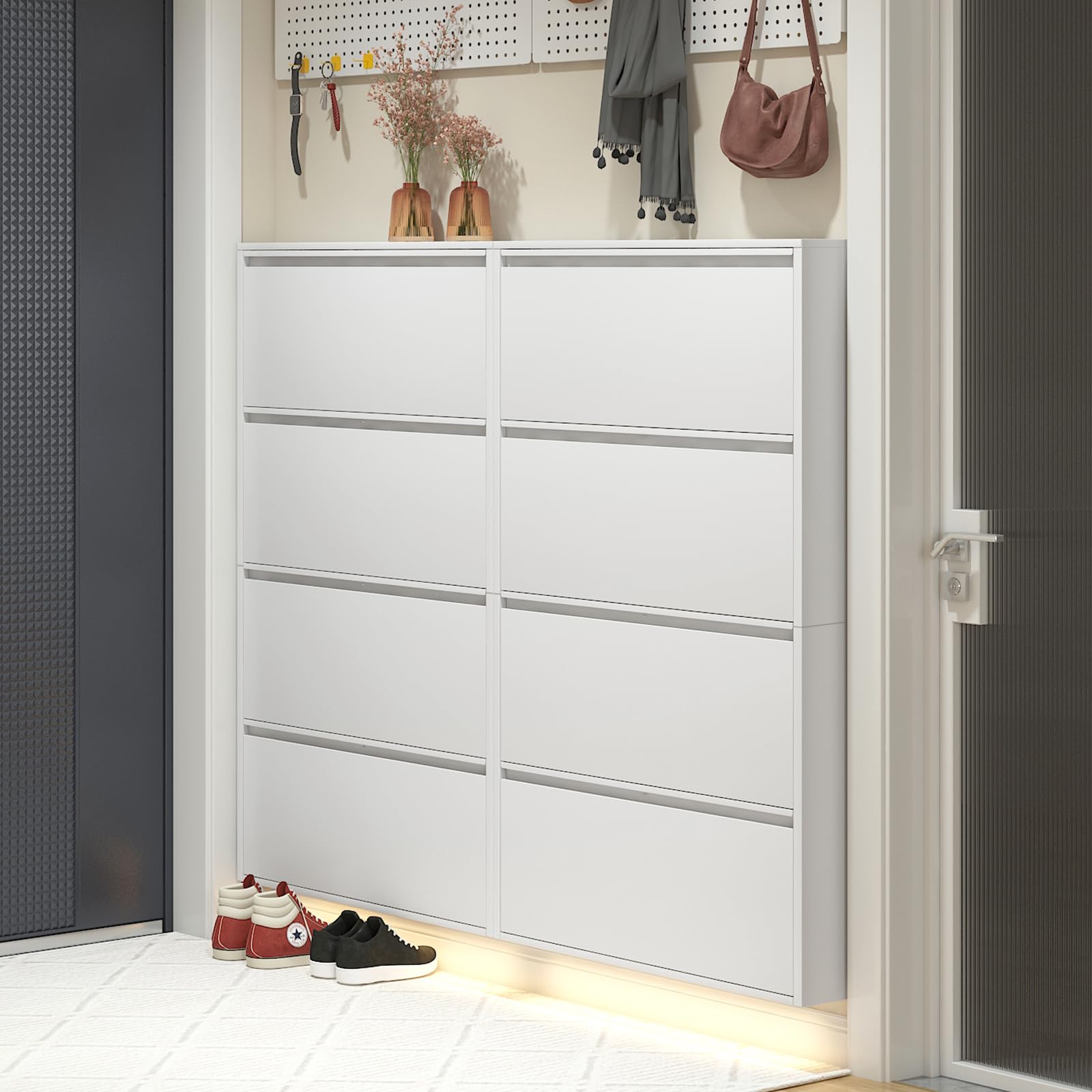 LUCYPAL Shoe Storage Cabinet with 4 Flip Drawers,Metal Shoe Cabinet for Entryway,Slim Shoe Storage Cabinets Wall Mount for Hallway,Living Room,White