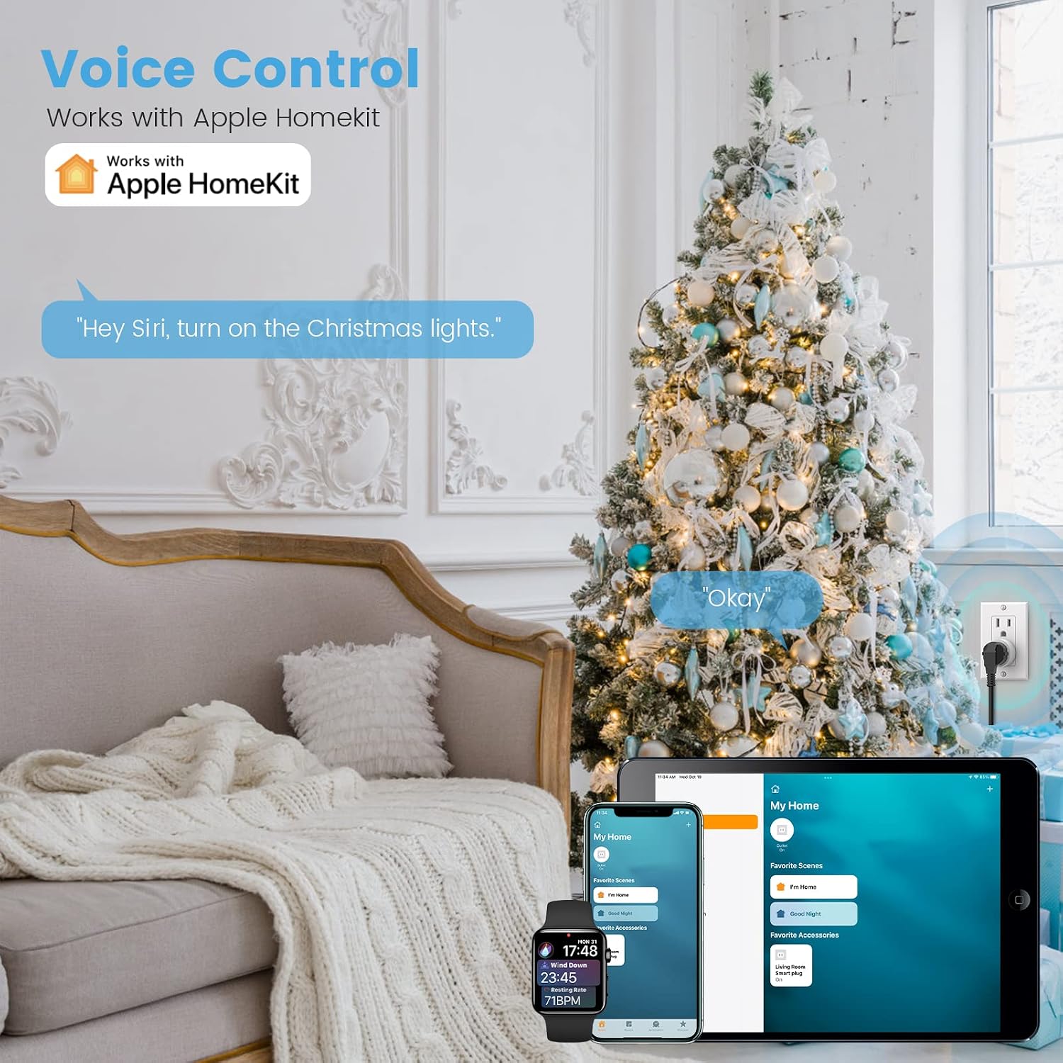 A living room scene with a Christmas tree, showing a phone and Apple Watch displaying HomeKit controls, and a voice bubble saying 'Hey Siri, turn on the Christmas lights.'