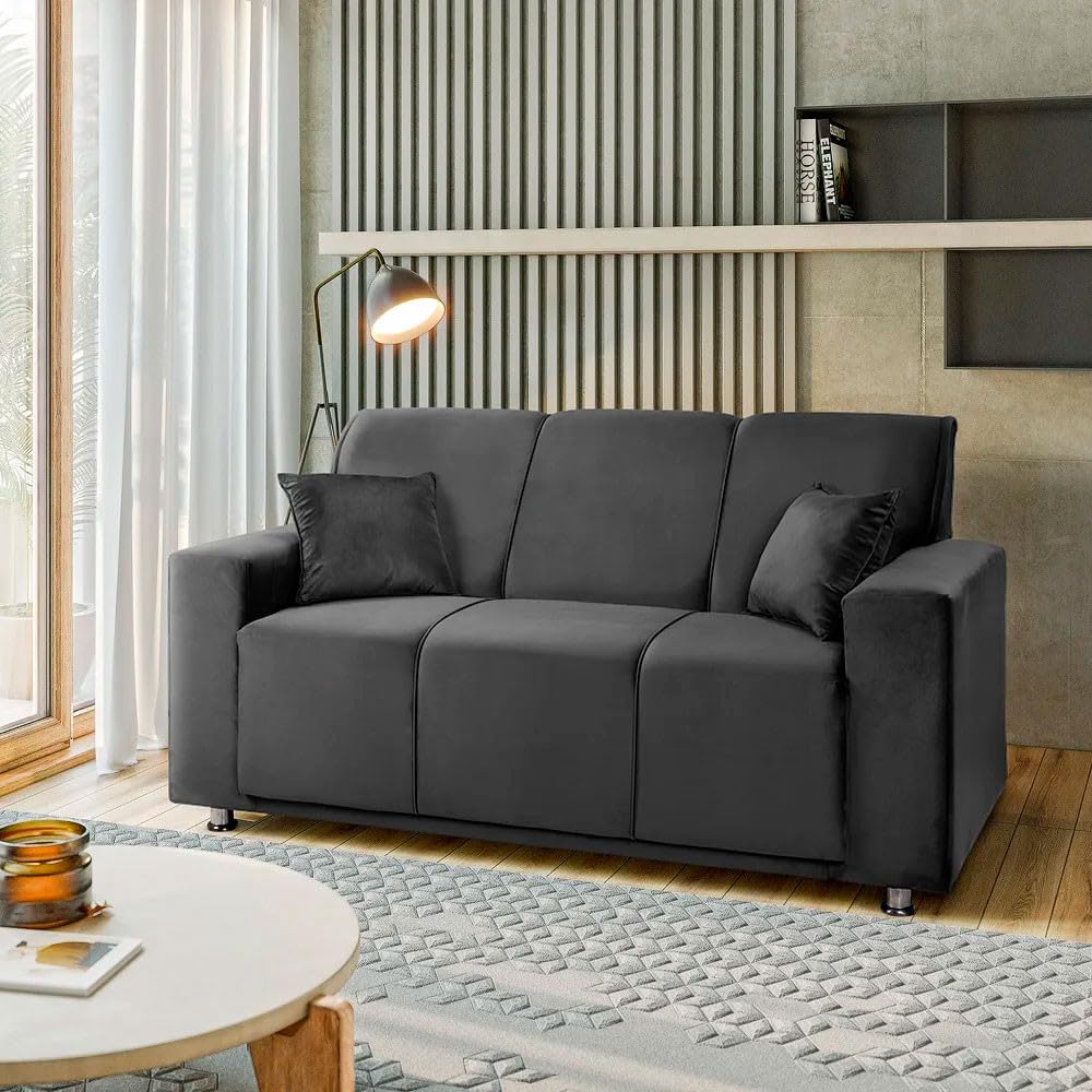 Sófa 3 Lugares Fixo Tokyo Veludo Cinza Chumbo - Speciale Home